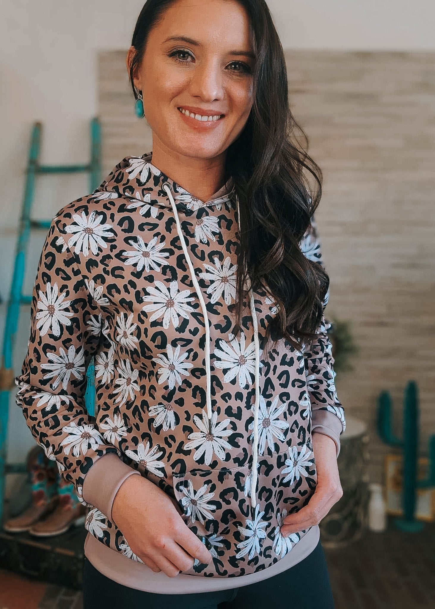 Leopard Daisy Hoodie Women's Pullover Hoodie With Drawstring The Cinchy Cowgirl (YC)