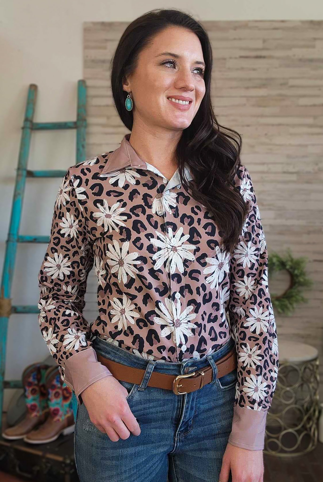 Leopard Daisy Long Sleeve Button Down YC Long Sleeve Button Down The Cinchy Cowgirl (YC) XS
