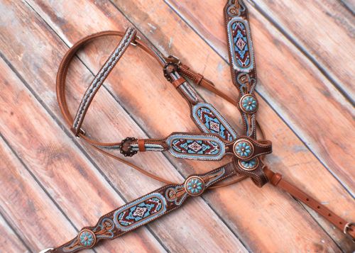 Light Blue Beaded Headstall and Breast Collar Set headstall set Shiloh