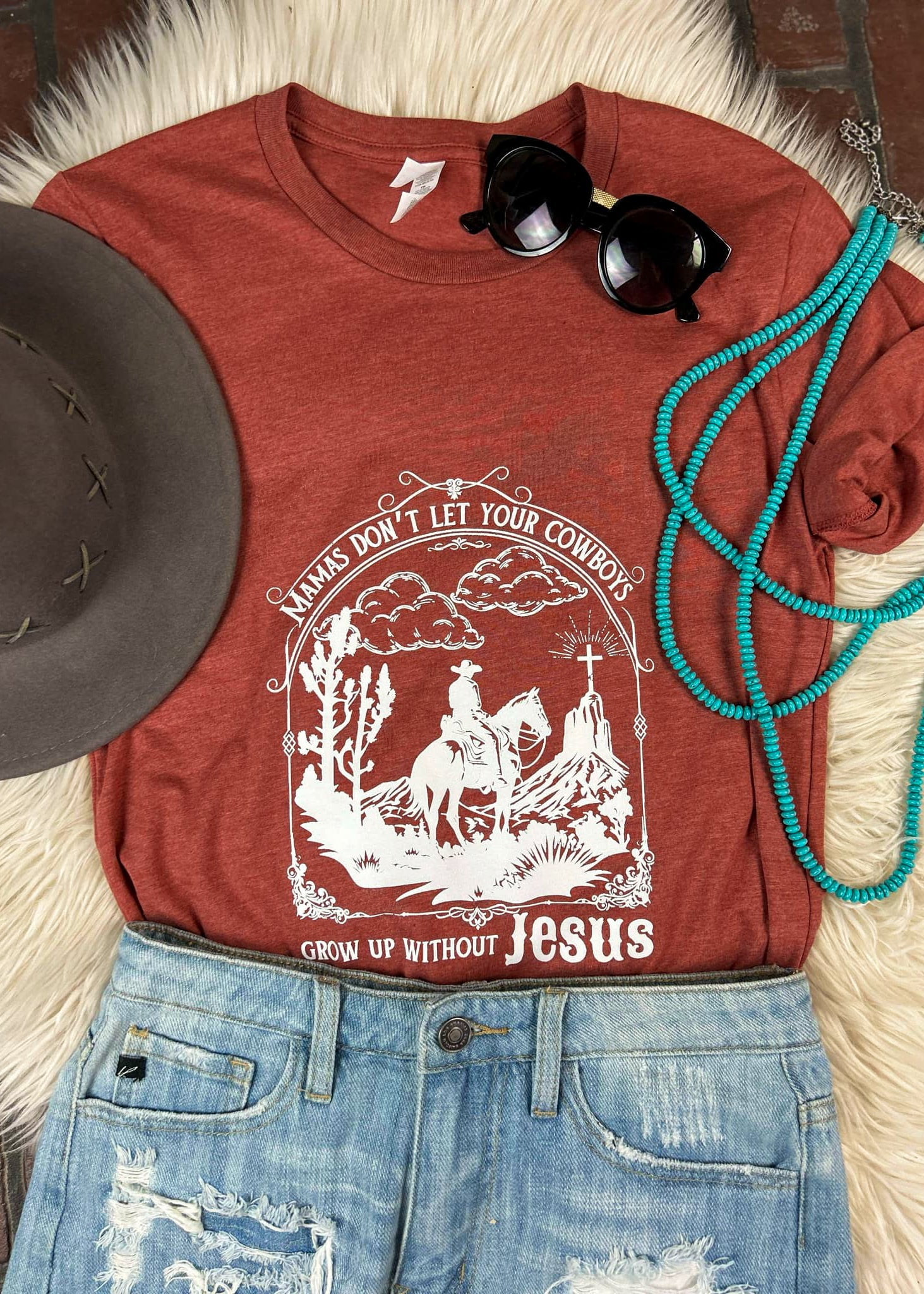 Clay Mama Don't Let Your Cowboys Without Jesus Graphic Tee tcc graphic tee The Cinchy Cowgirl