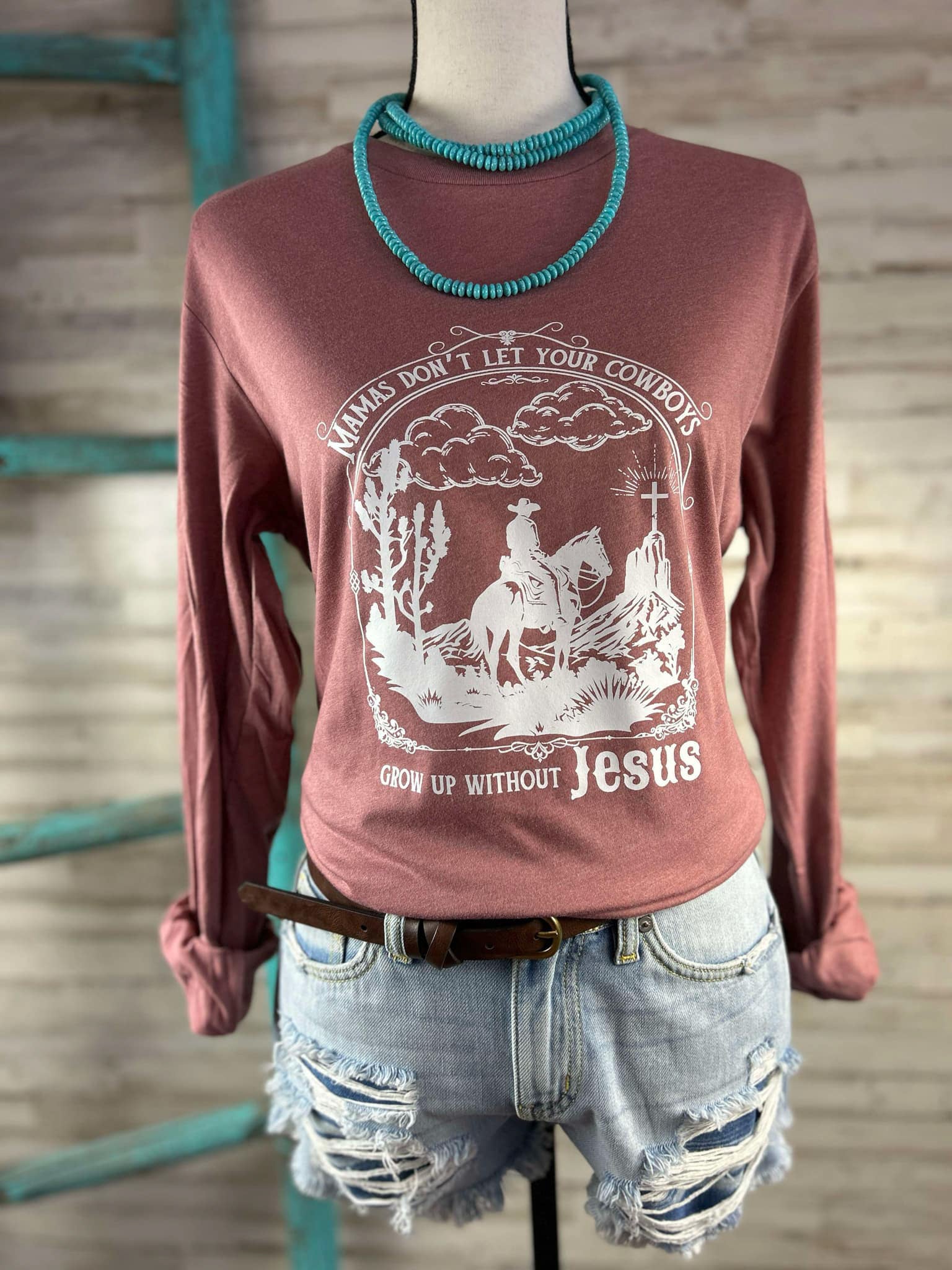 Heather Mauve Mama Don't Let Your Cowboys Without Jesus Graphic Long Sleeve Tee tcc graphic tee The Cinchy Cowgirl