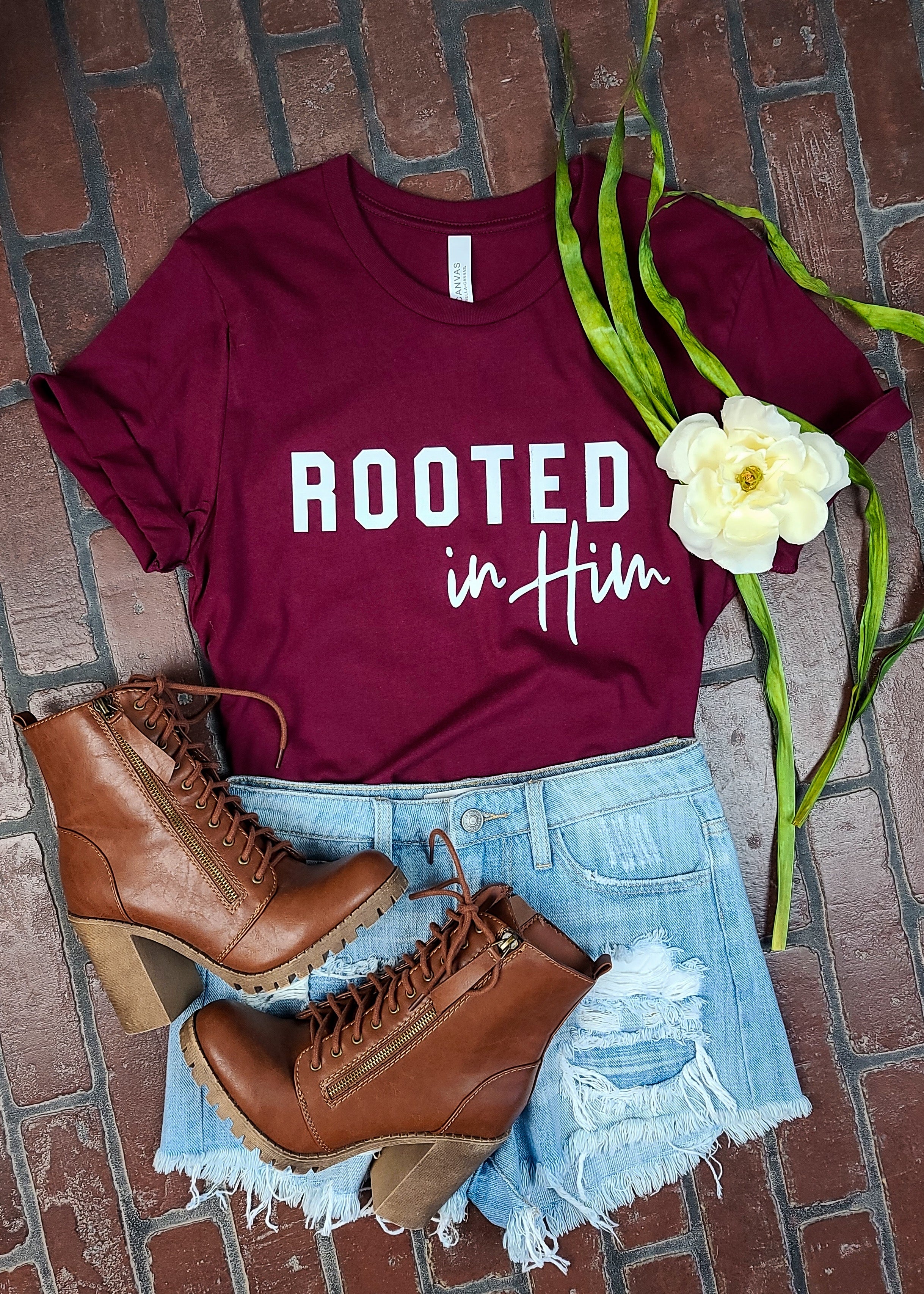 Maroon Rooted In Him Graphic Tee tcc graphic tee The Cinchy Cowgirl