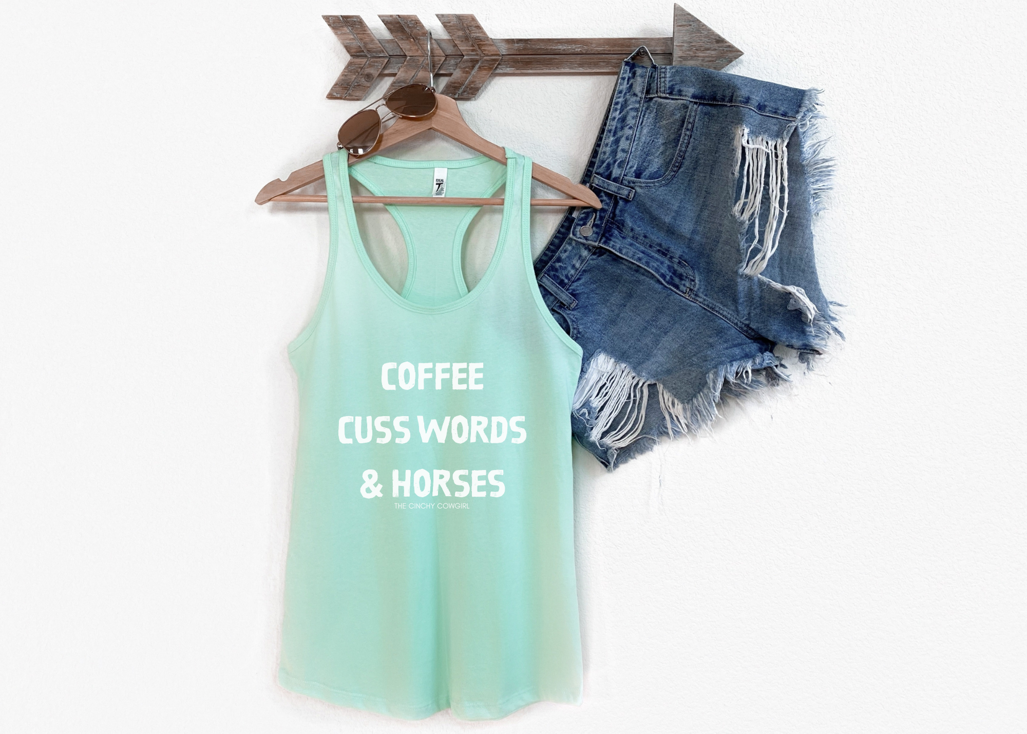Coffee, Cuss Words, & Horses Racerback Tank tcc graphic tee Printify
