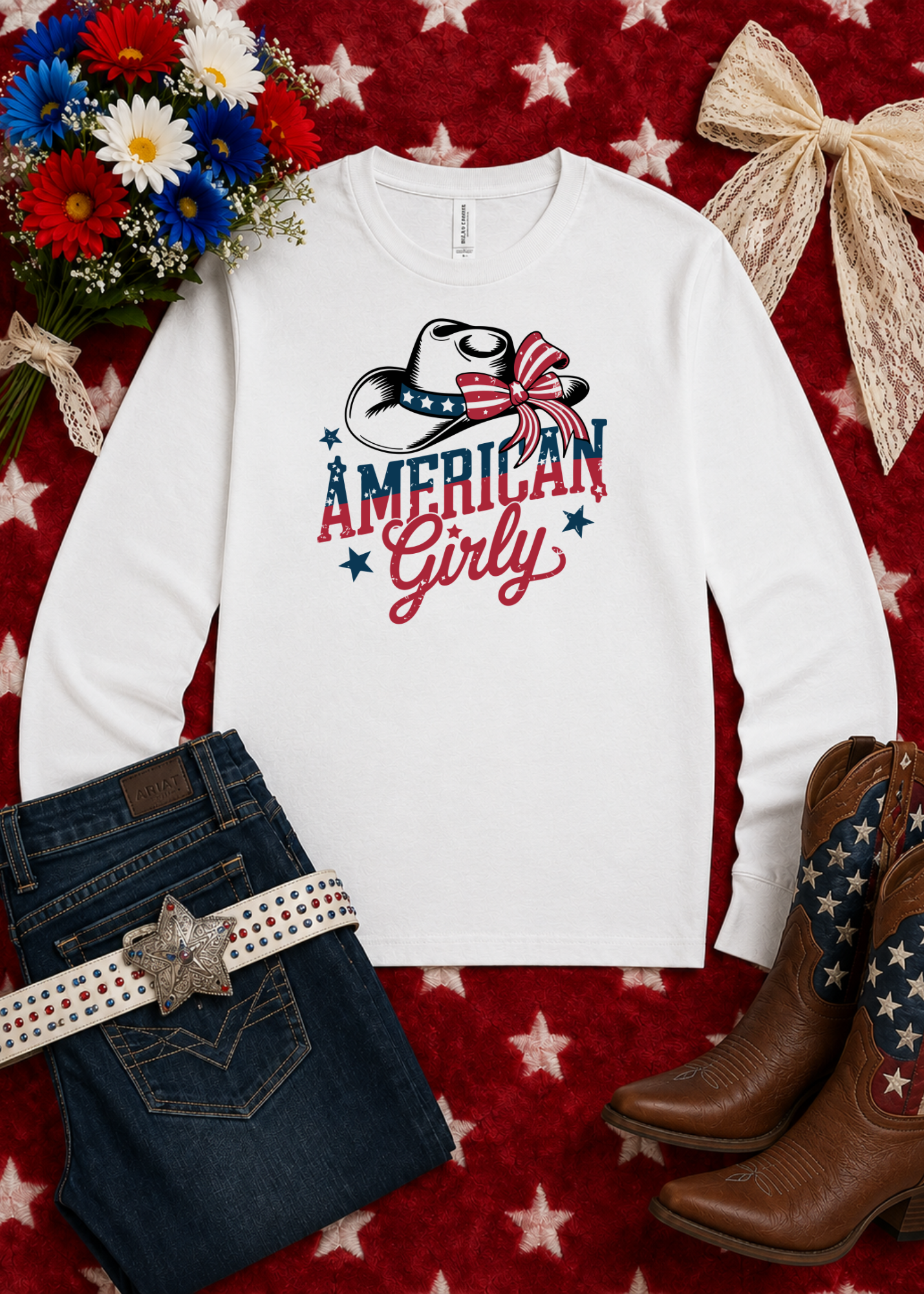 American Girly Long Sleeve Tee Long-sleeve The Cinchy Cowgirl - Print