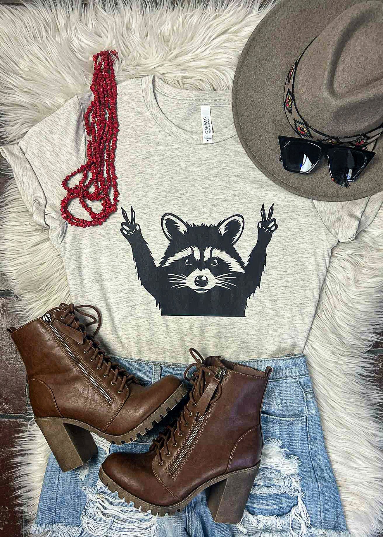 Heather Natural Peace Out Raccoon Short Sleeve Tee tcc graphic tee The Cinchy Cowgirl