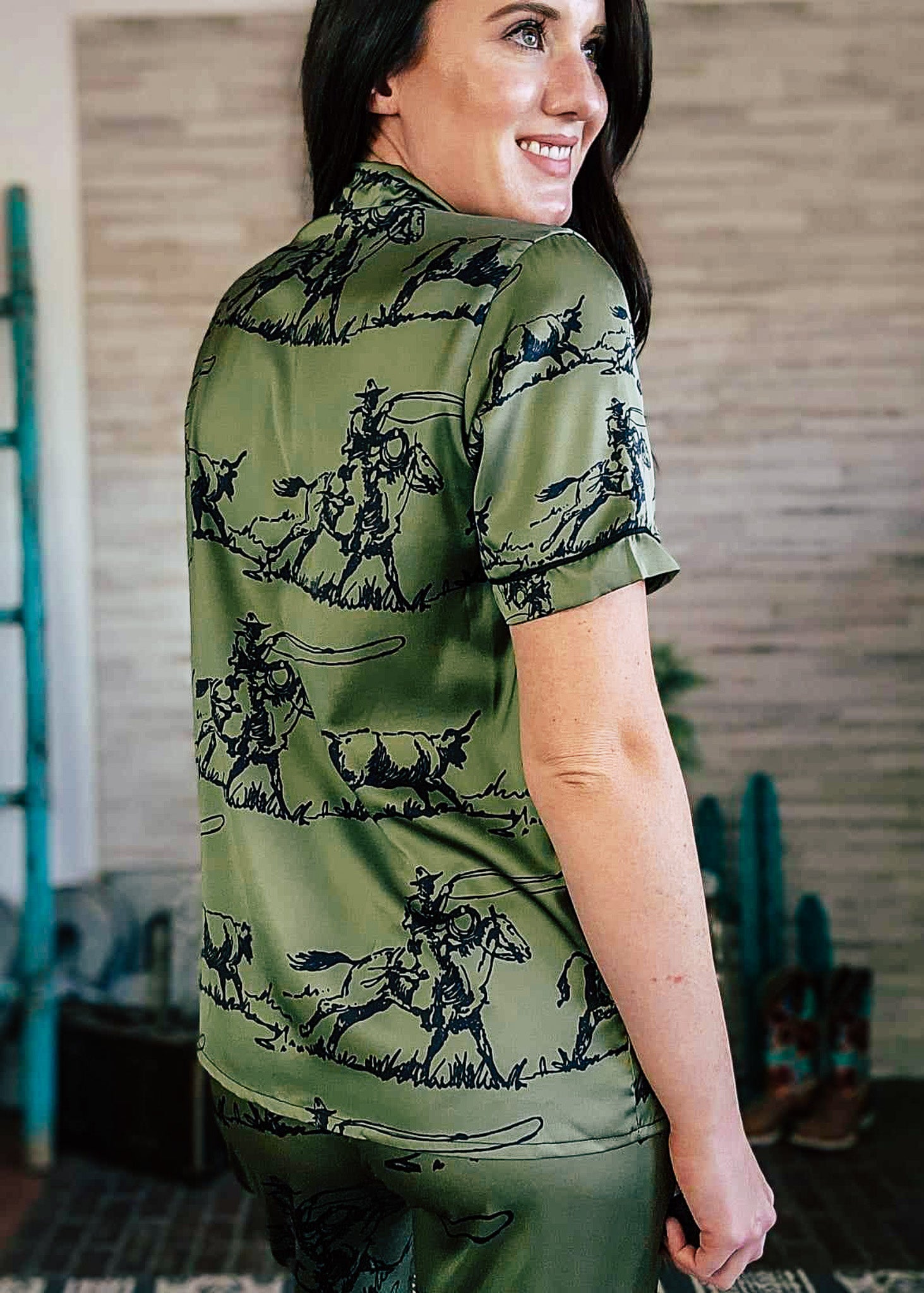 Olive Green Rancher Roper Silky Pajamas pajamas The Cinchy Cowgirl (YC)