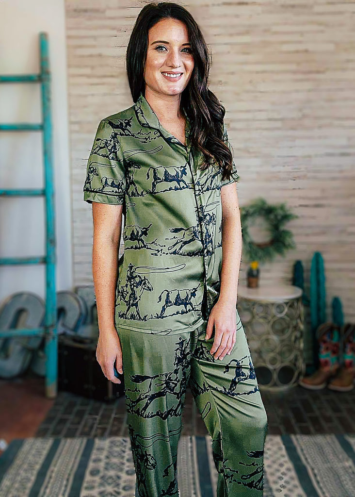 Olive Green Rancher Roper Silky Pajamas pajamas The Cinchy Cowgirl (YC) S  