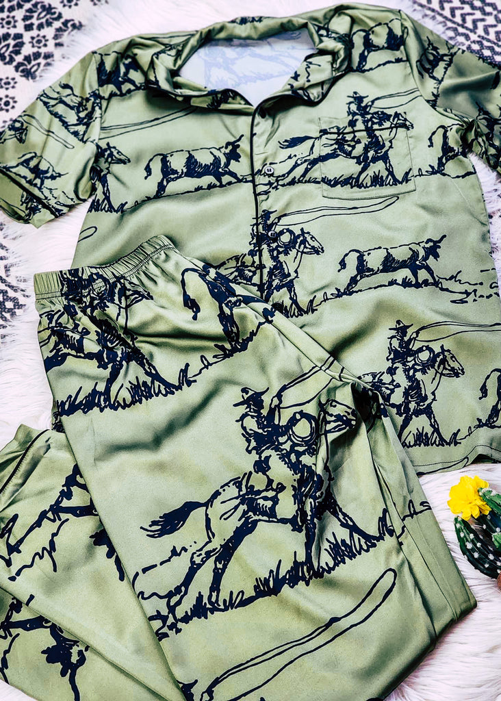 Olive Green Rancher Roper Silky Pajamas pajamas The Cinchy Cowgirl (YC)   