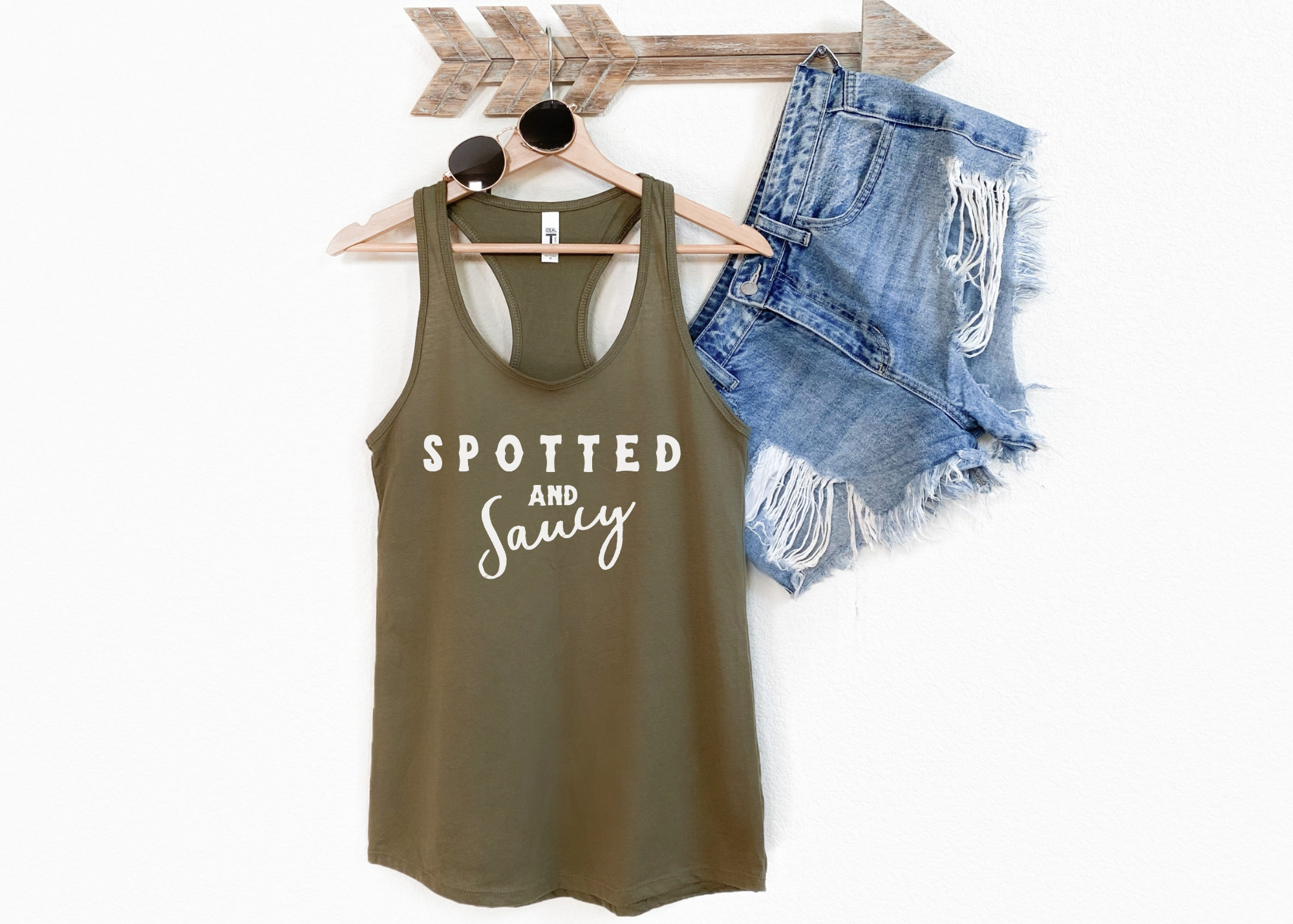 Spotted & Saucy Racerback Tank Horse Color Shirts Printify
