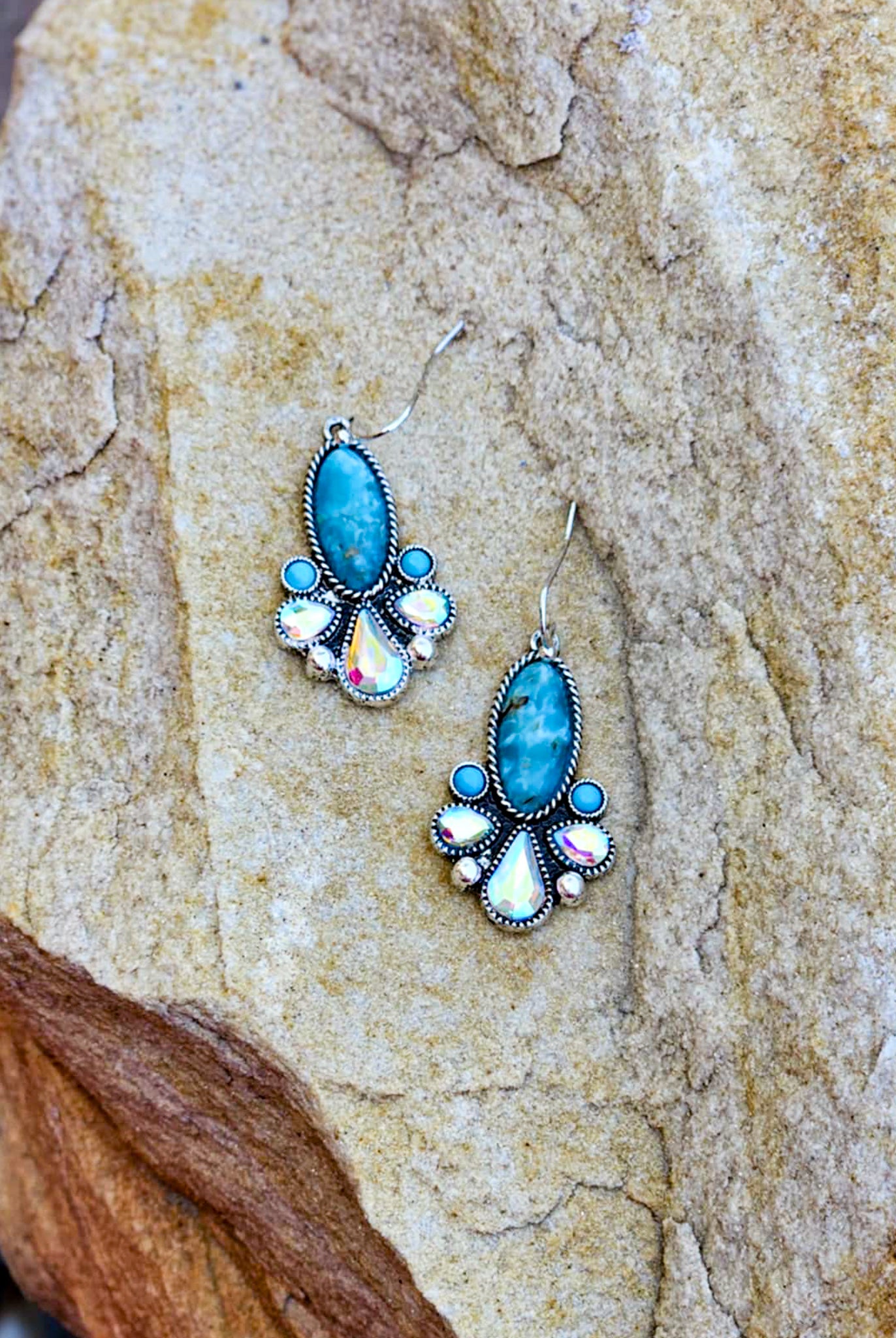 Oval Stone & Jewel Dangle Earrings Earrings Blue Tortoise