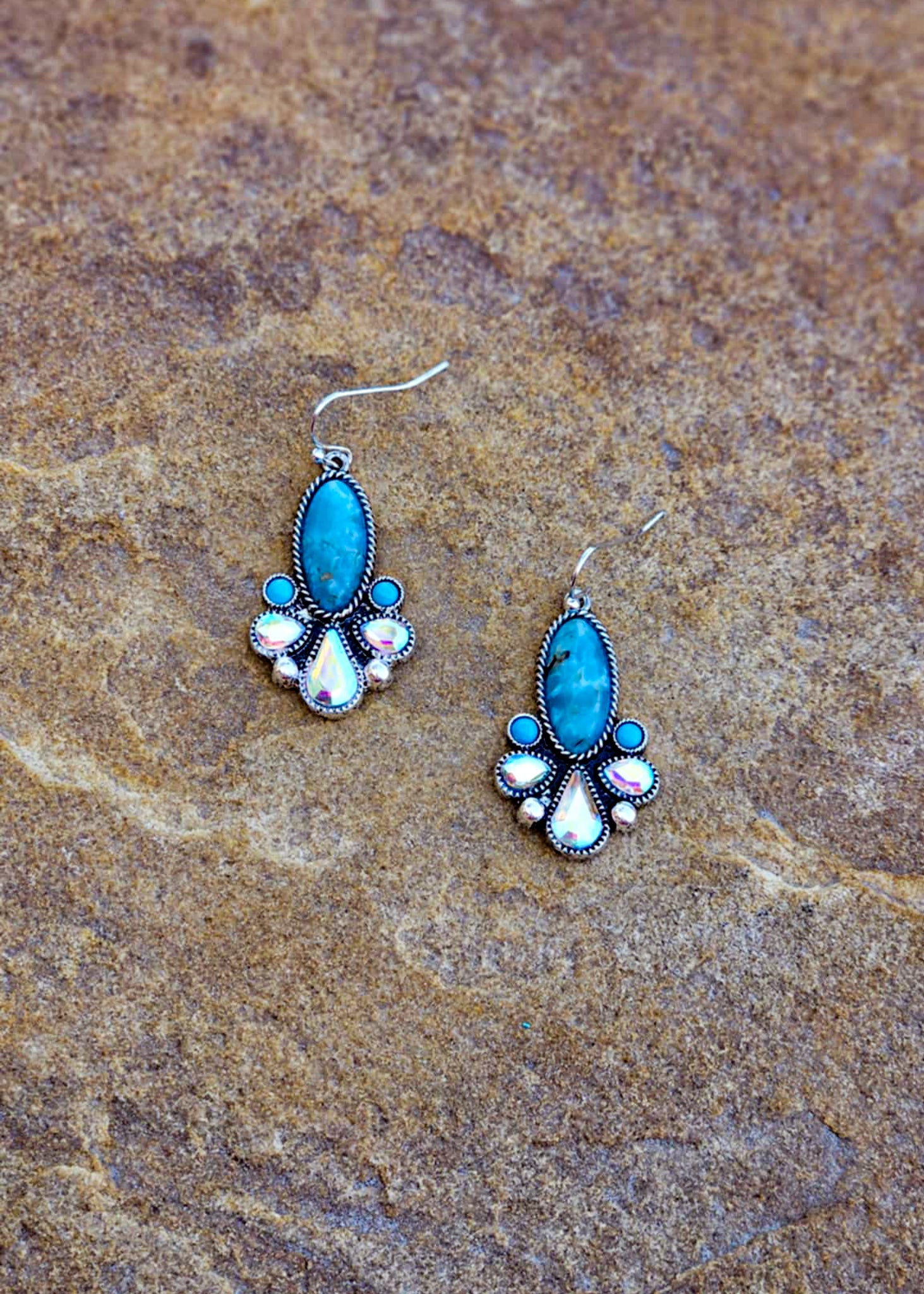 Oval Stone & Jewel Dangle Earrings Earrings Blue Tortoise