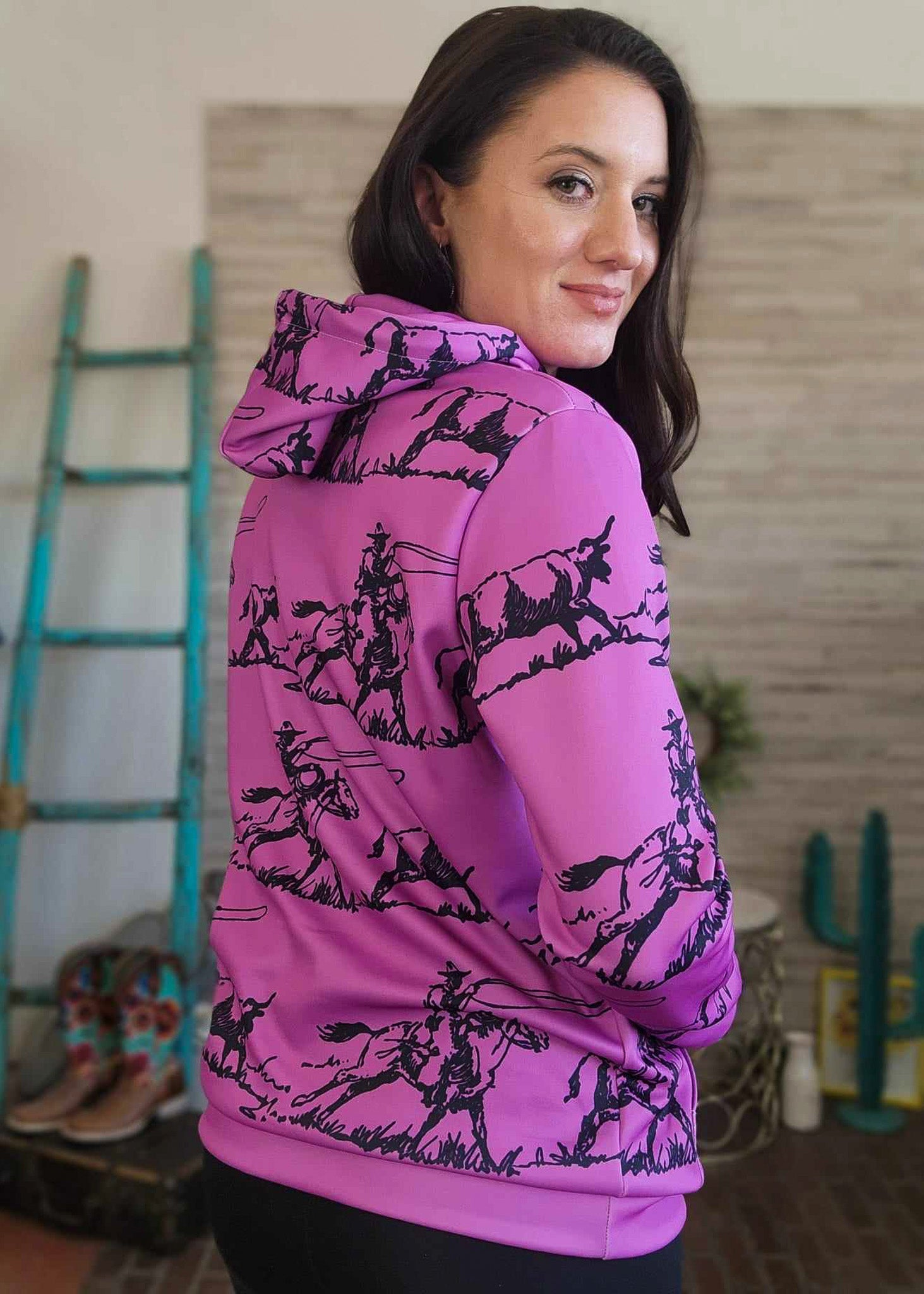 Pink Ranch Roper Hoodie Women's Pullover Hoodie With Drawstring The Cinchy Cowgirl (YC)