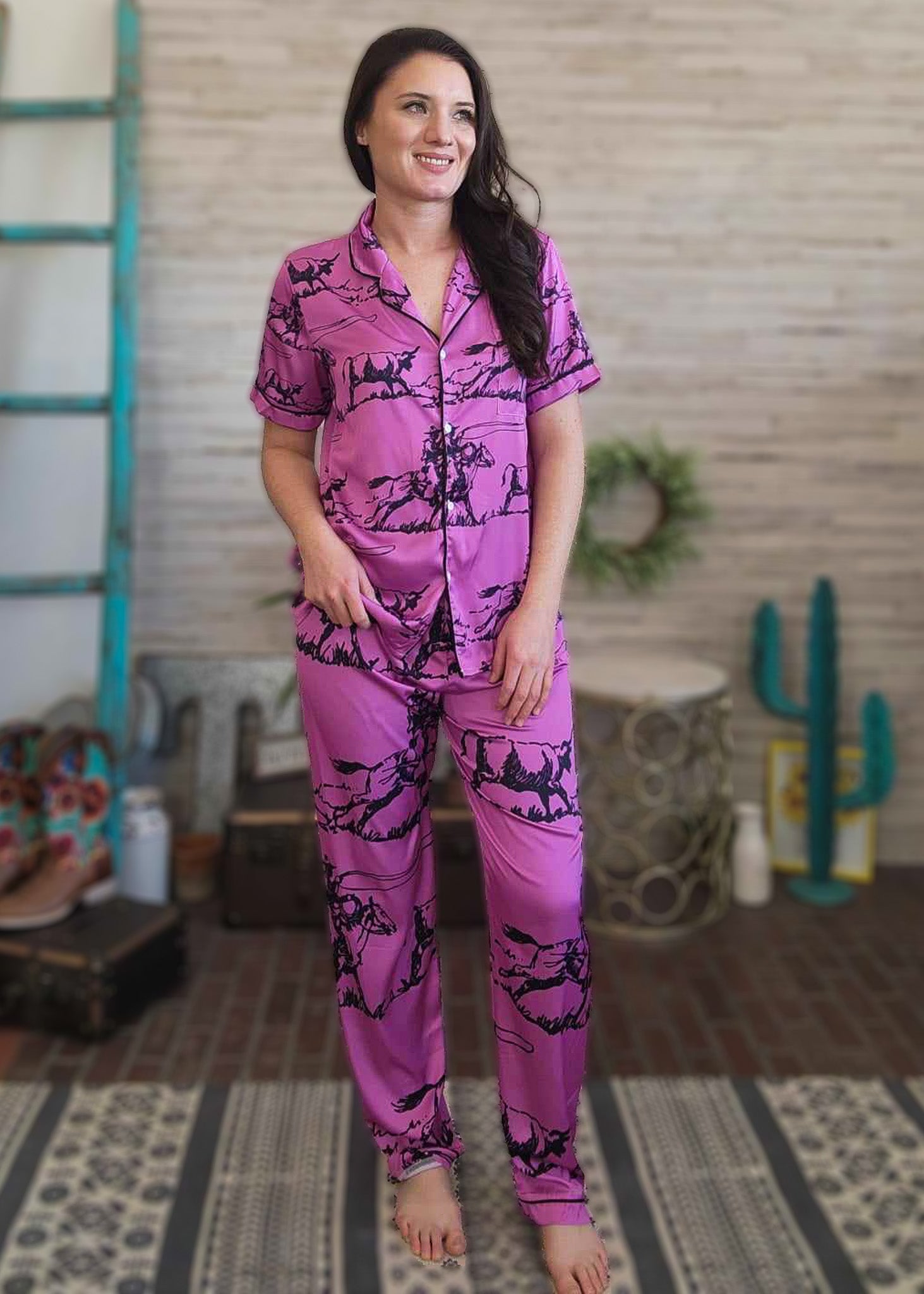 Pink Ranch Roper Silky Pajamas pajamas The Cinchy Cowgirl (YC)