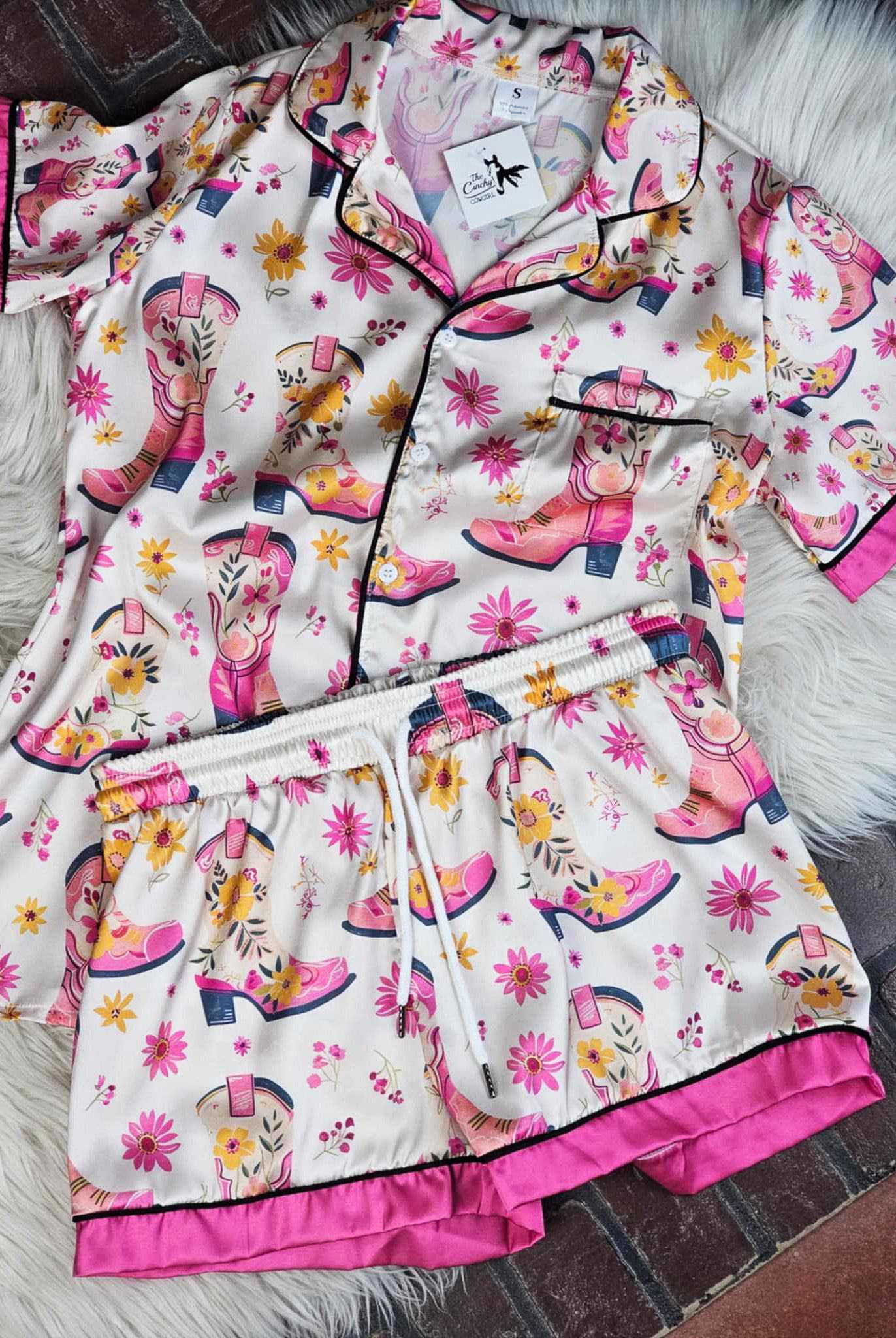 Pink Cowgirl Boots Silky Shorts Pajamas silky pajamas - shorts The Cinchy Cowgirl (YC)