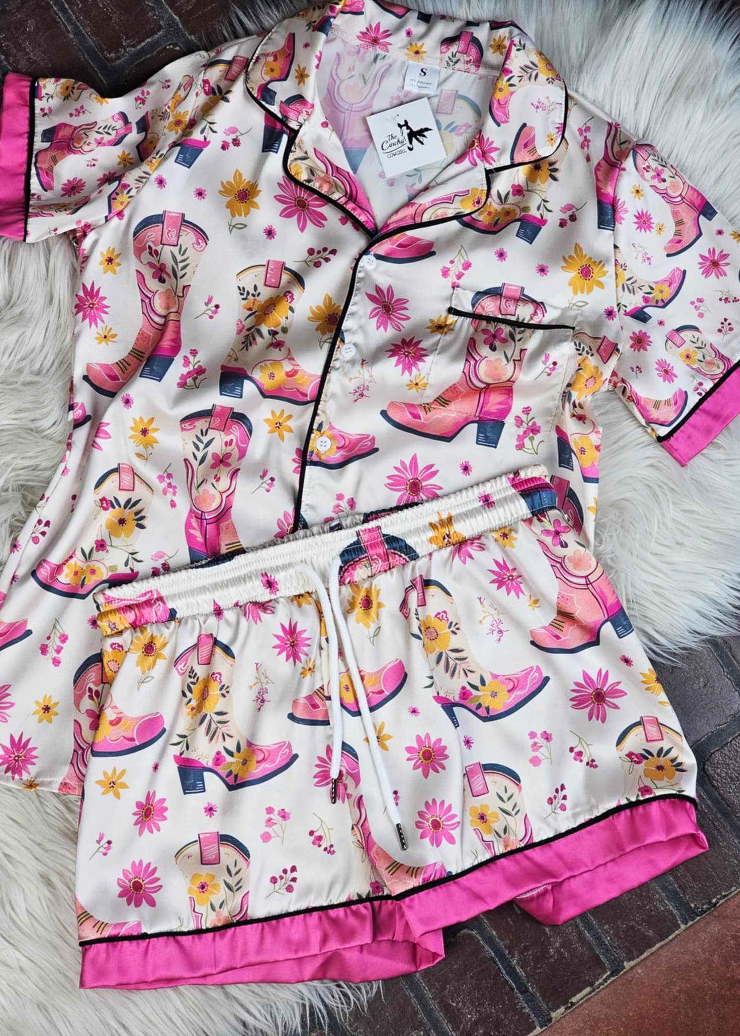 Pink Cowgirl Boots Silky Shorts Pajamas silky pajamas - shorts The Cinchy Cowgirl (YC)