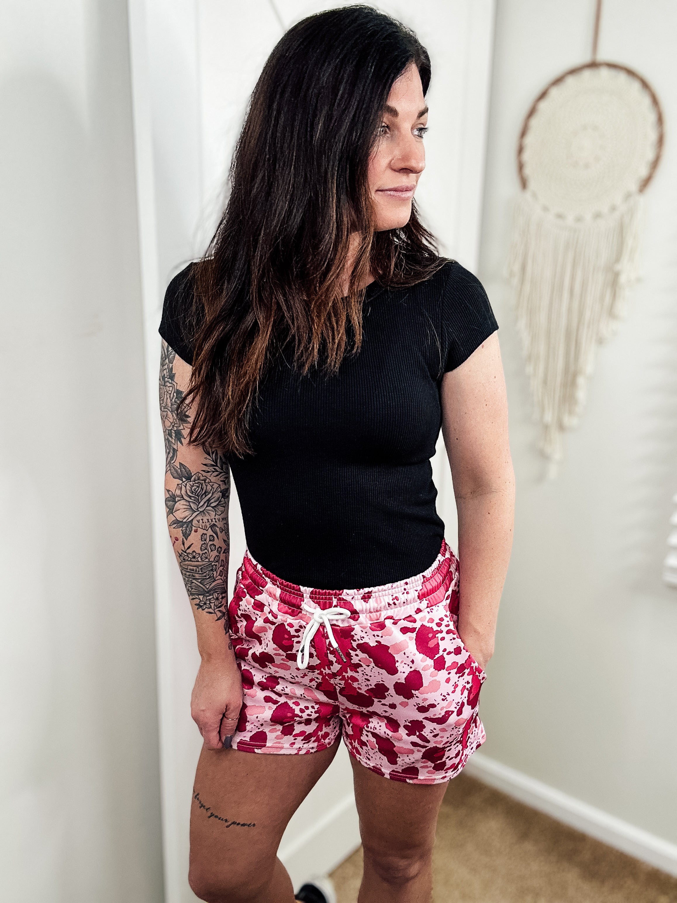 Pink Cowprint Drawstring Shorts drawstring shorts The Cinchy Cowgirl (YC)