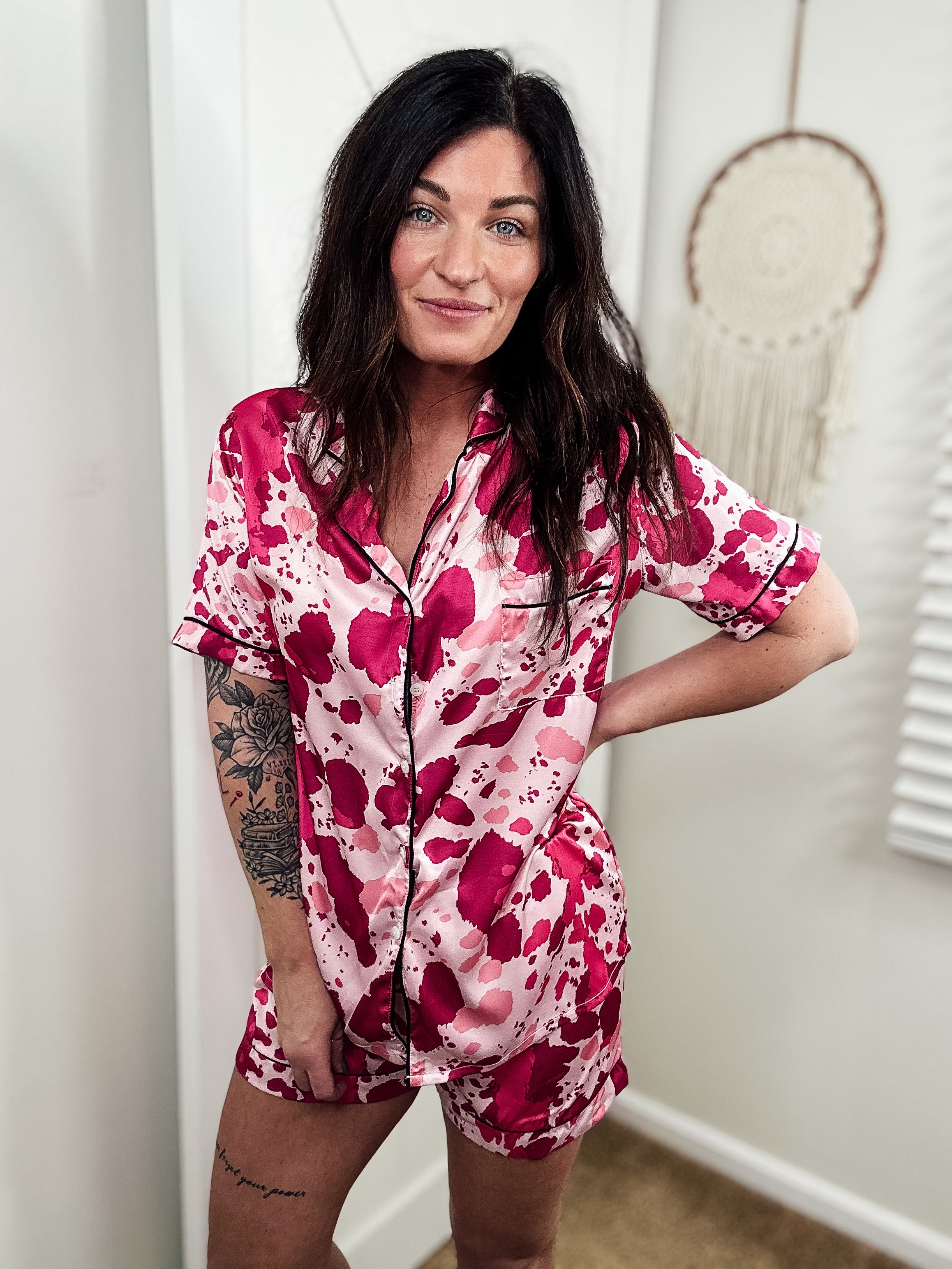 Pink Cowprint Silky Shorts Pajamas silky pajamas - shorts The Cinchy Cowgirl (YC)