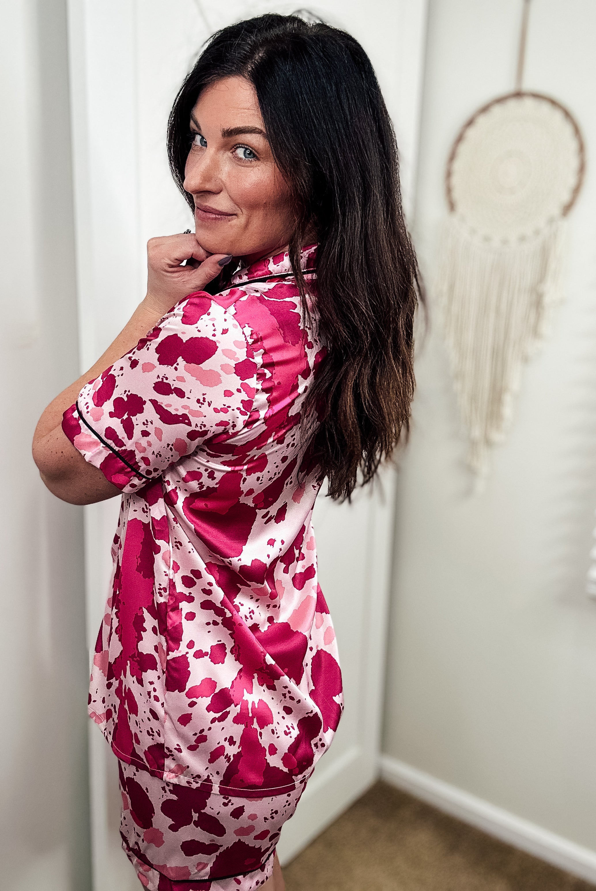Pink Cowprint Silky Shorts Pajamas silky pajamas - shorts The Cinchy Cowgirl (YC)