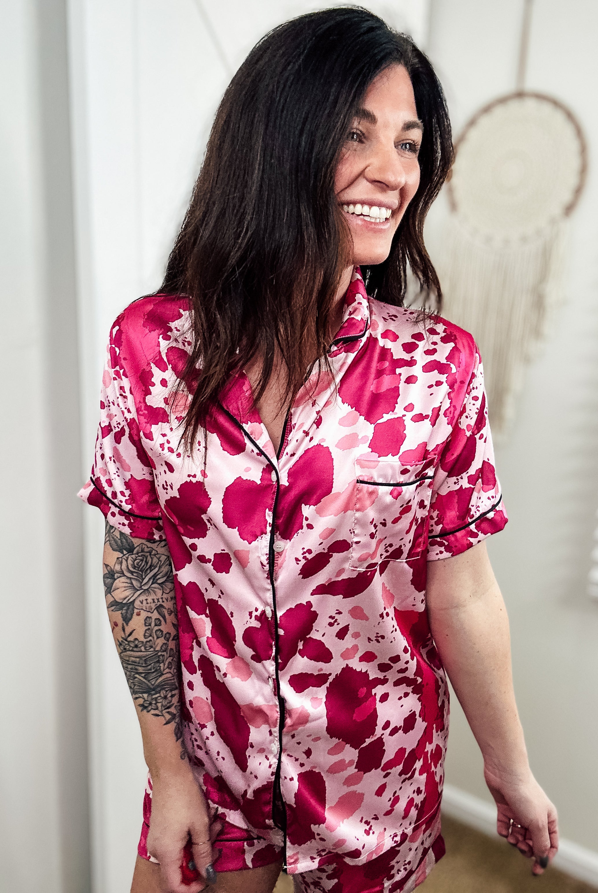 Pink Cowprint Silky Shorts Pajamas silky pajamas - shorts The Cinchy Cowgirl (YC)