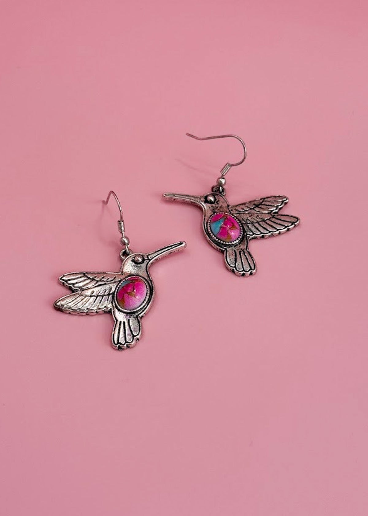 Pink & Turquoise Hummingbird Earrings Earrings The Cinchy Cowgirl (BT)