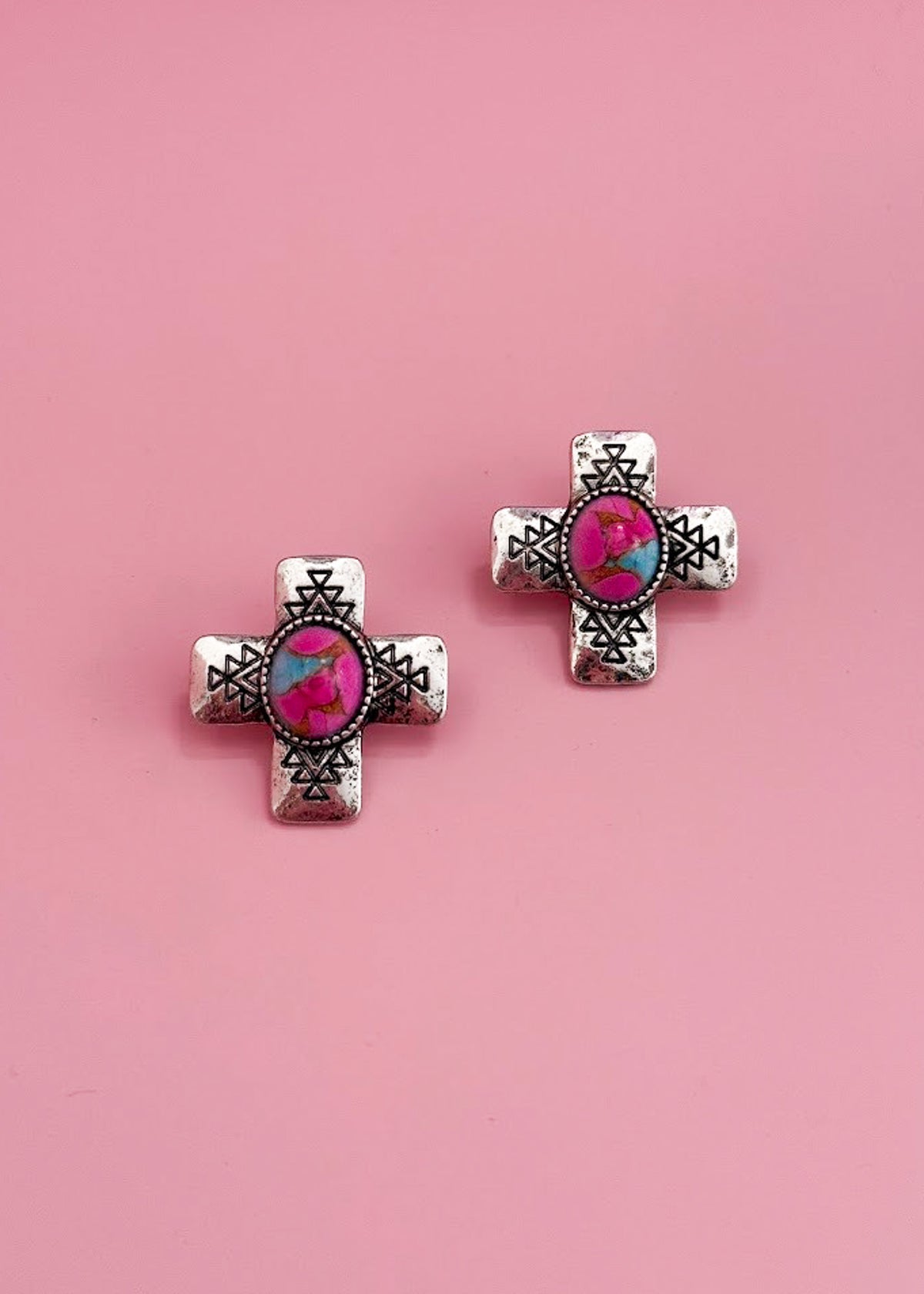 Pink & Turquoise Western Cross Earrings Earrings The Cinchy Cowgirl (BT)