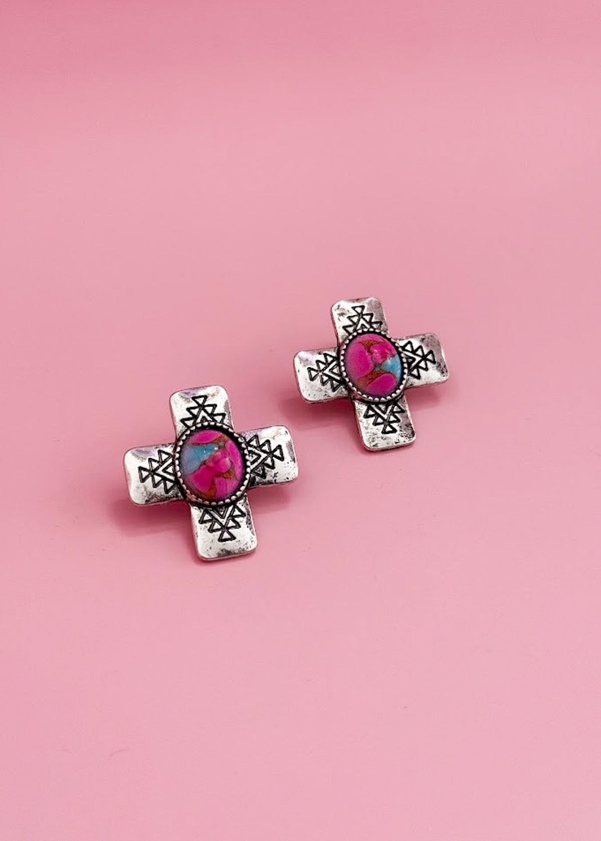 Pink & Turquoise Western Cross Earrings Earrings The Cinchy Cowgirl (BT)