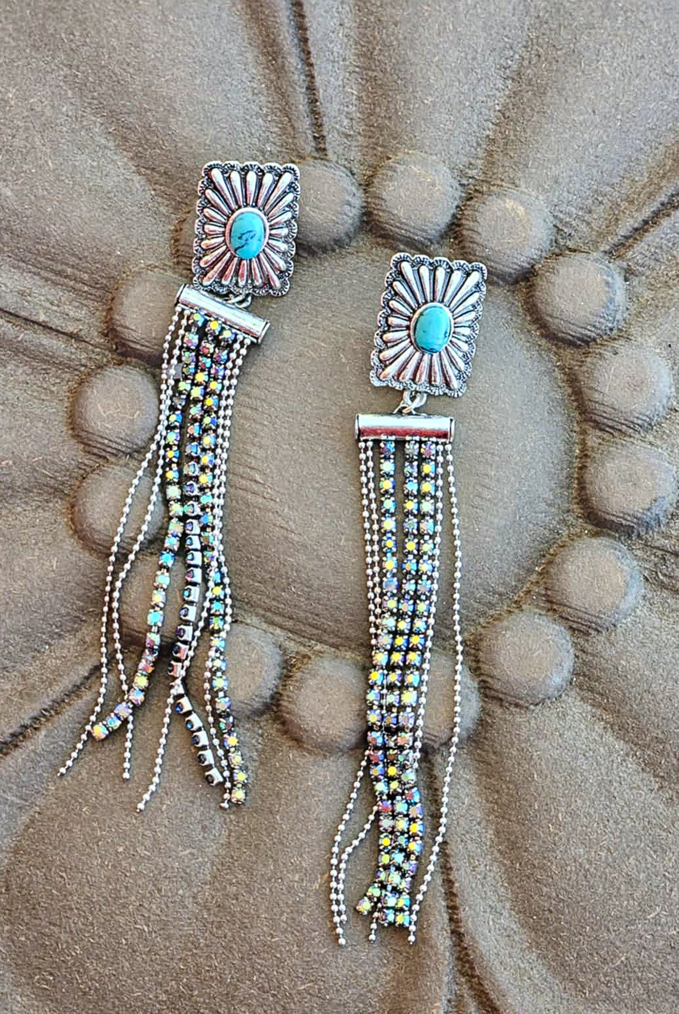 Concho Stone Tassel Stud Earrings Earrings Blue Tortoise