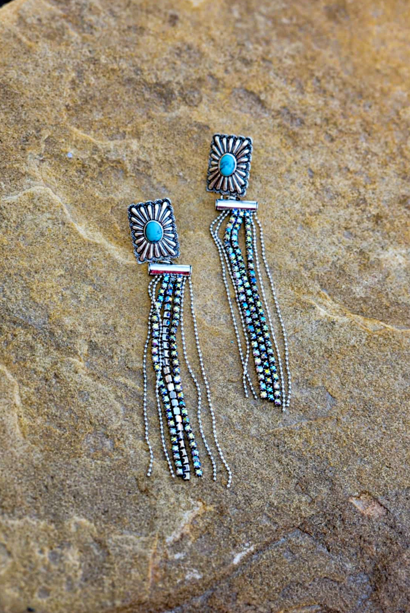 Concho Stone Tassel Stud Earrings Earrings Blue Tortoise