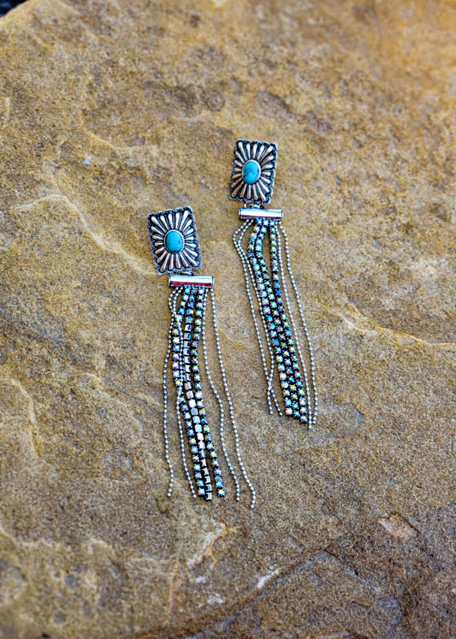 Concho Stone Tassel Stud Earrings Earrings Blue Tortoise