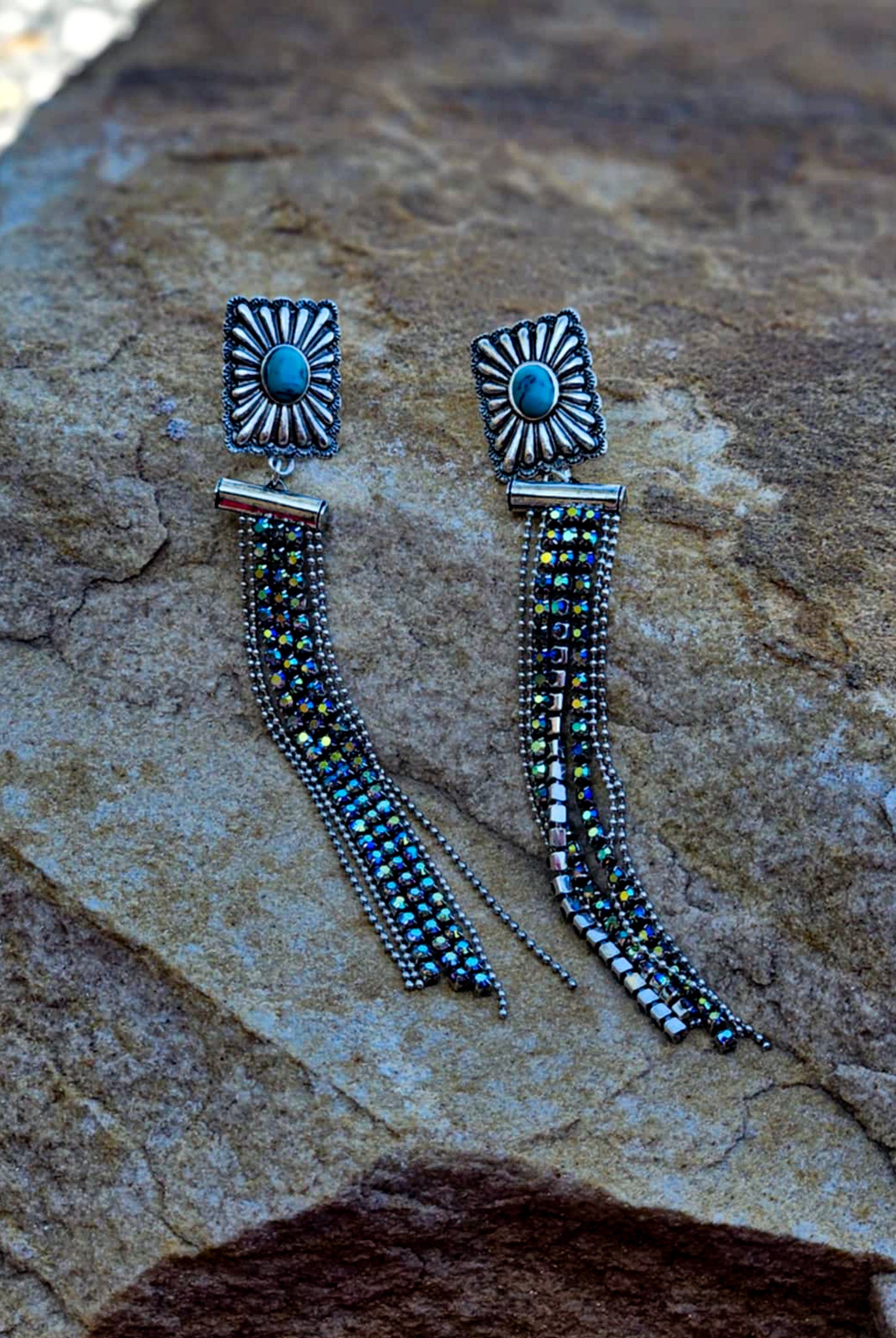 Concho Stone Tassel Stud Earrings Earrings Blue Tortoise