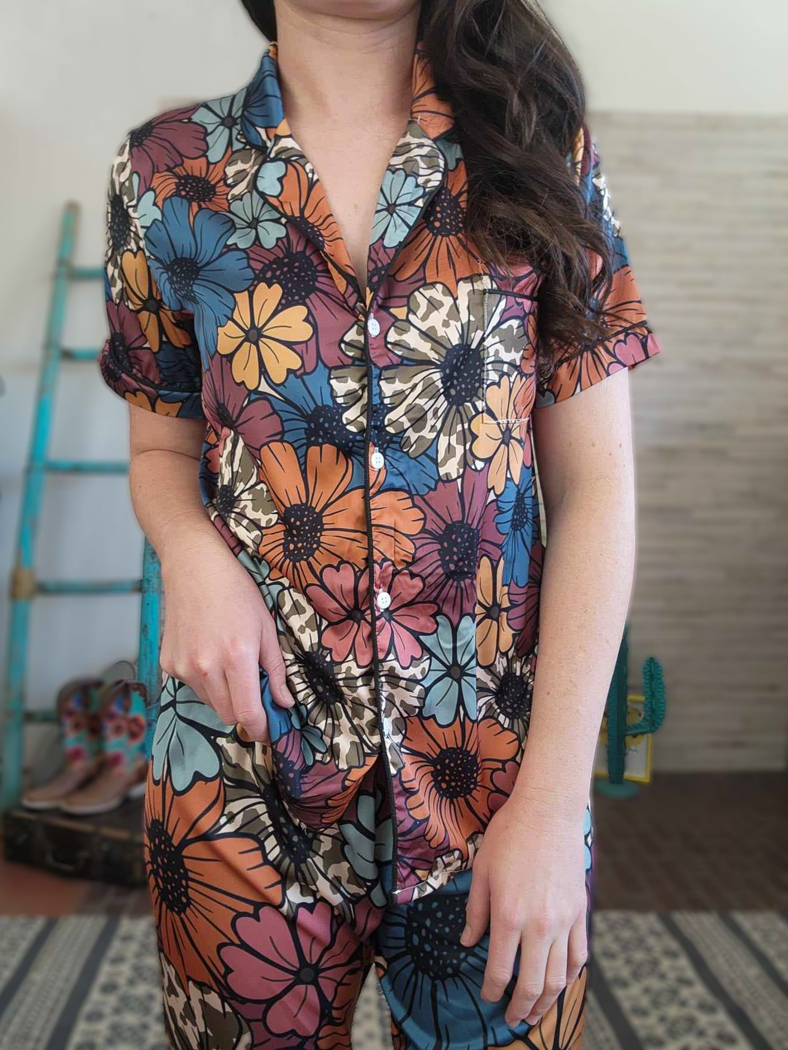 Retro Floral Cowhide Silky Pajamas pajamas The Cinchy Cowgirl (YC) S