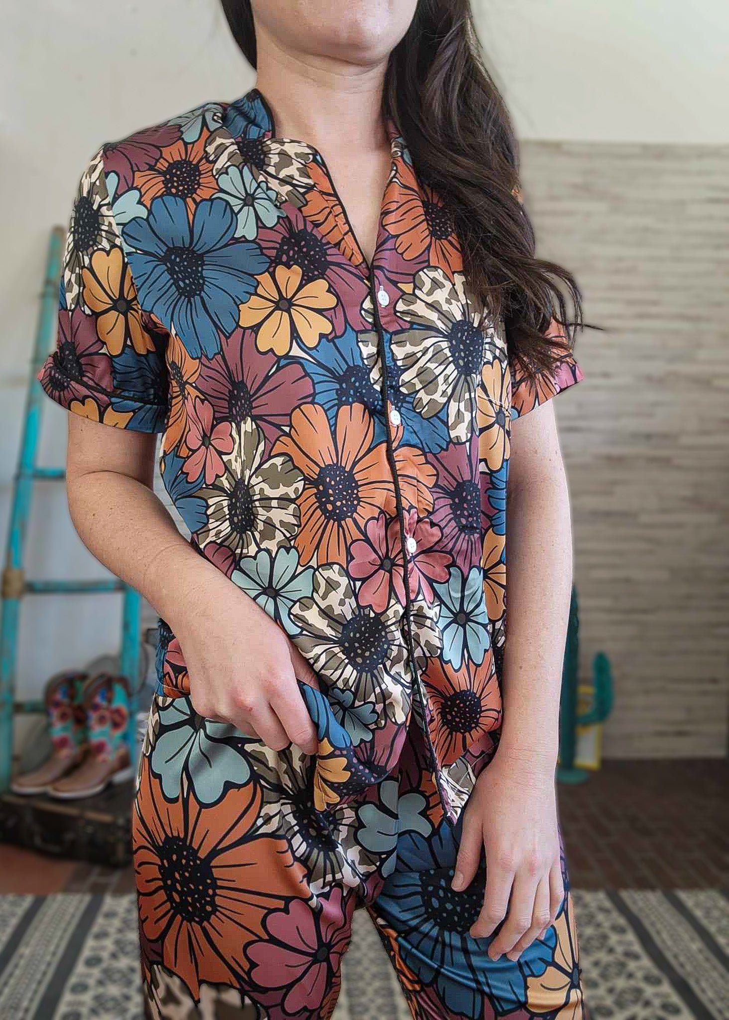 Retro Floral Cowhide Silky Pajamas pajamas The Cinchy Cowgirl (YC)