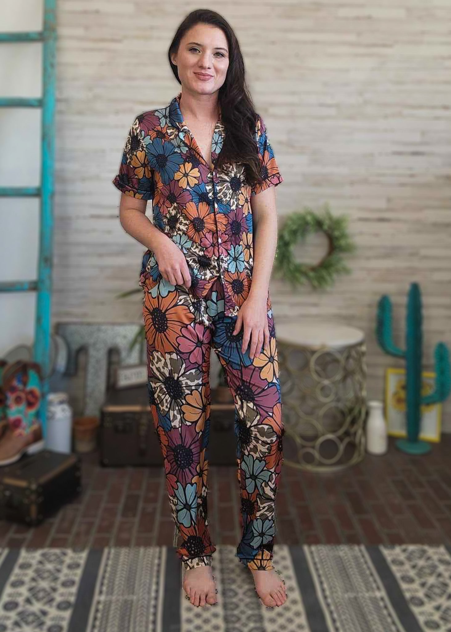 Retro Floral Cowhide Silky Pajamas pajamas The Cinchy Cowgirl (YC)