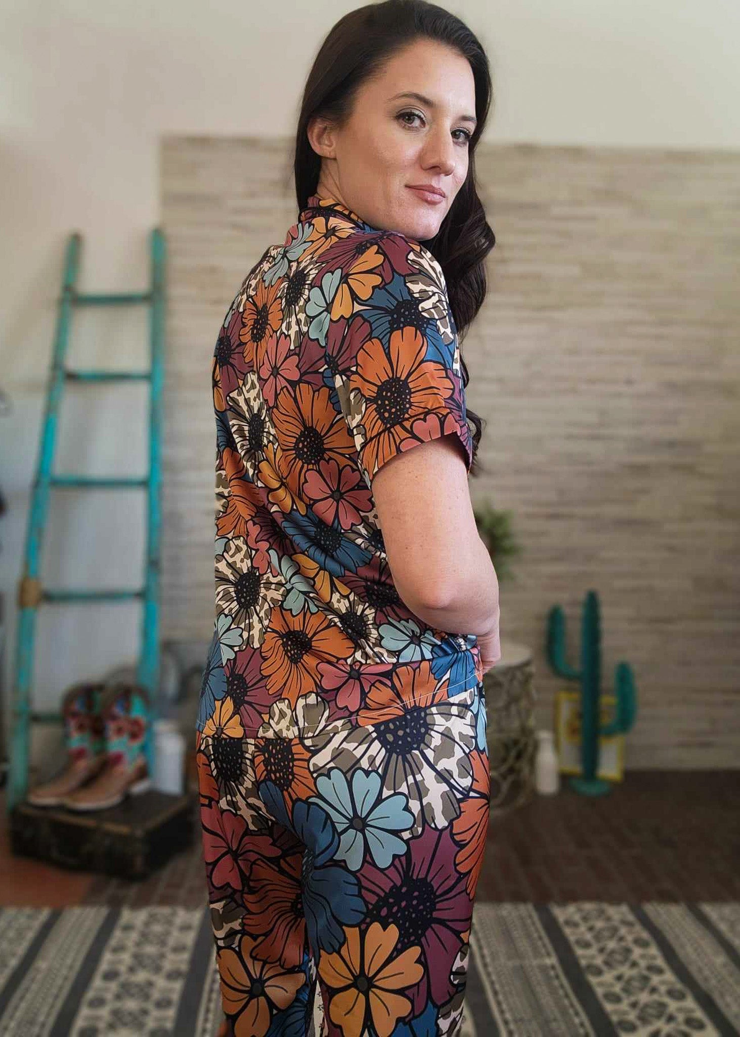 Retro Floral Cowhide Silky Pajamas pajamas The Cinchy Cowgirl (YC)