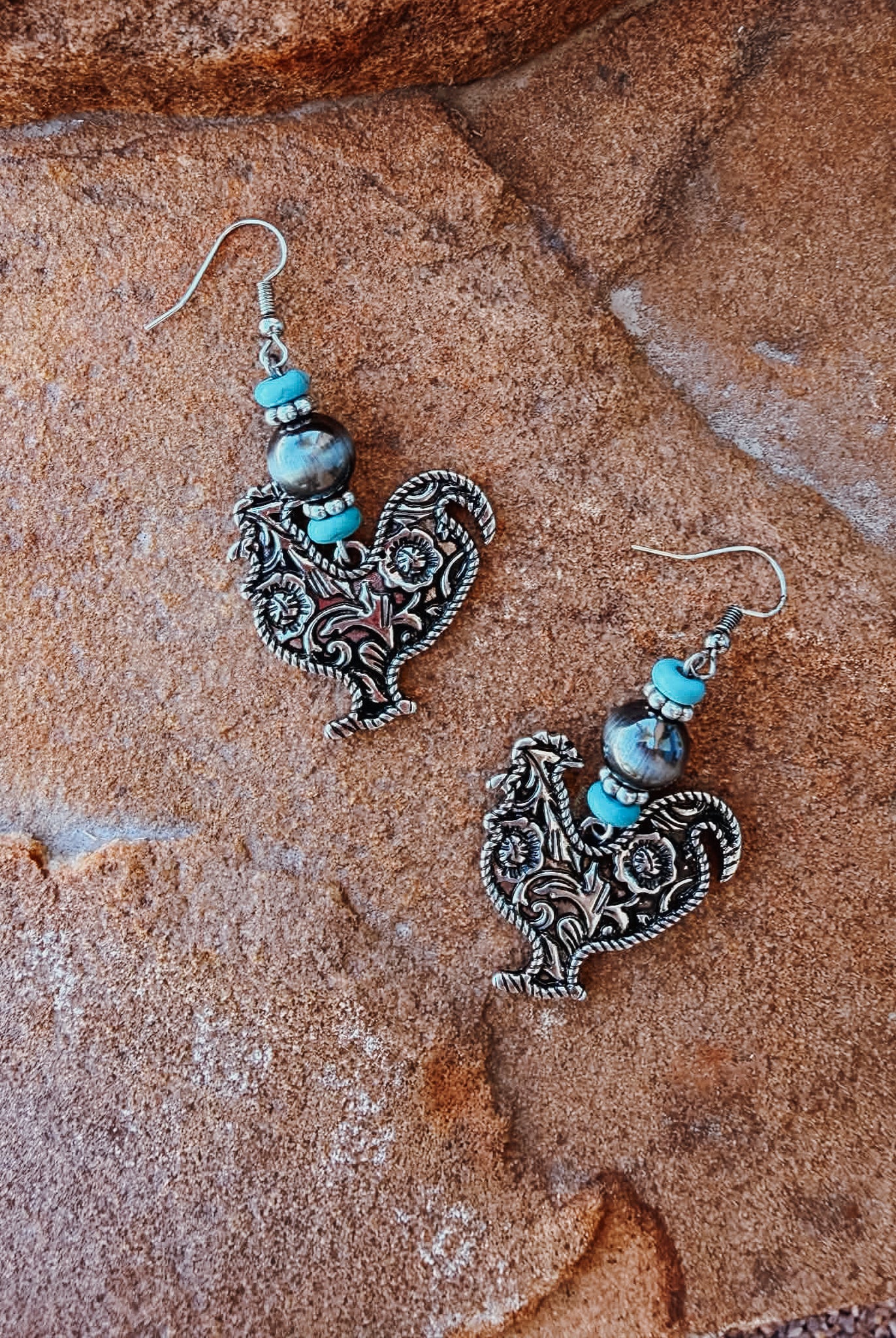 Rooster Dangle Earring Earrings Blue Tortoise