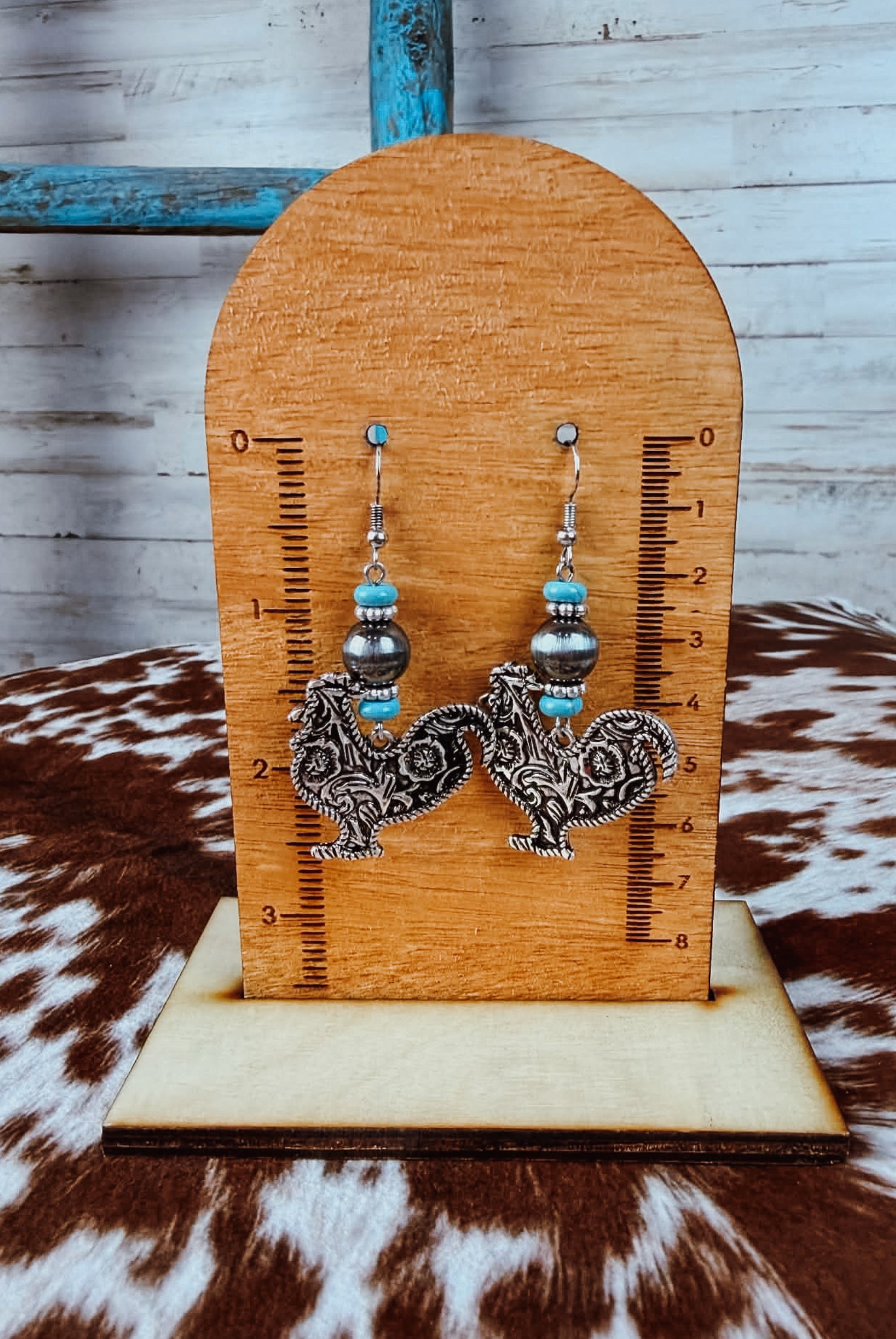 Rooster Dangle Earring Earrings Blue Tortoise