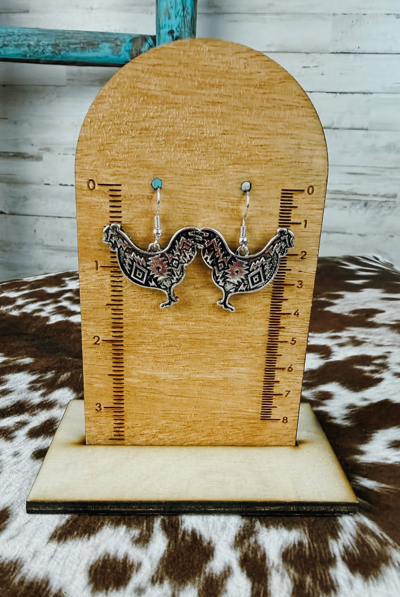 Rooster Dangle Earring Earrings Blue Tortoise