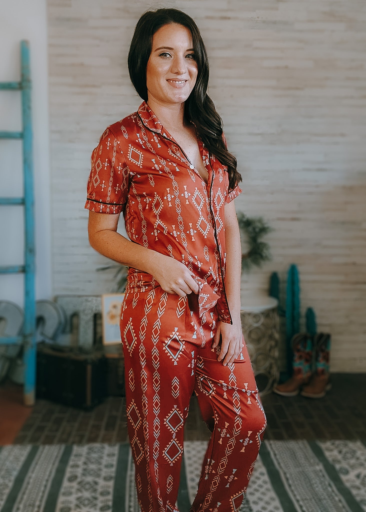 Rust Aztec Southwestern Silky Pajamas pajamas The Cinchy Cowgirl (YC)