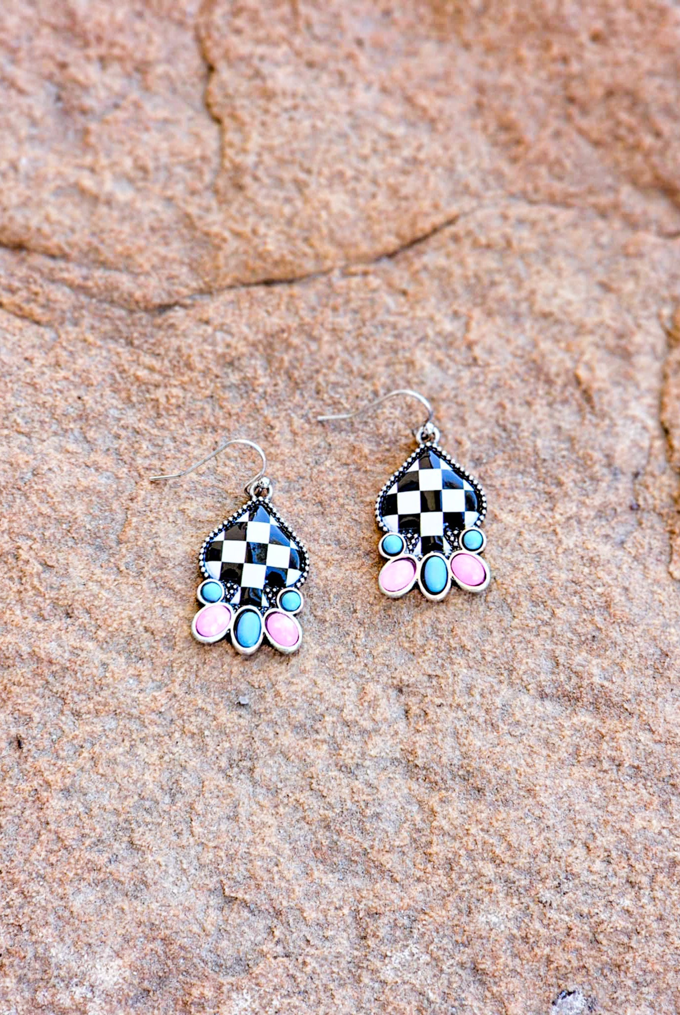 Small Checkered Spade Pink & Blue Earrings Earrings Blue Tortoise
