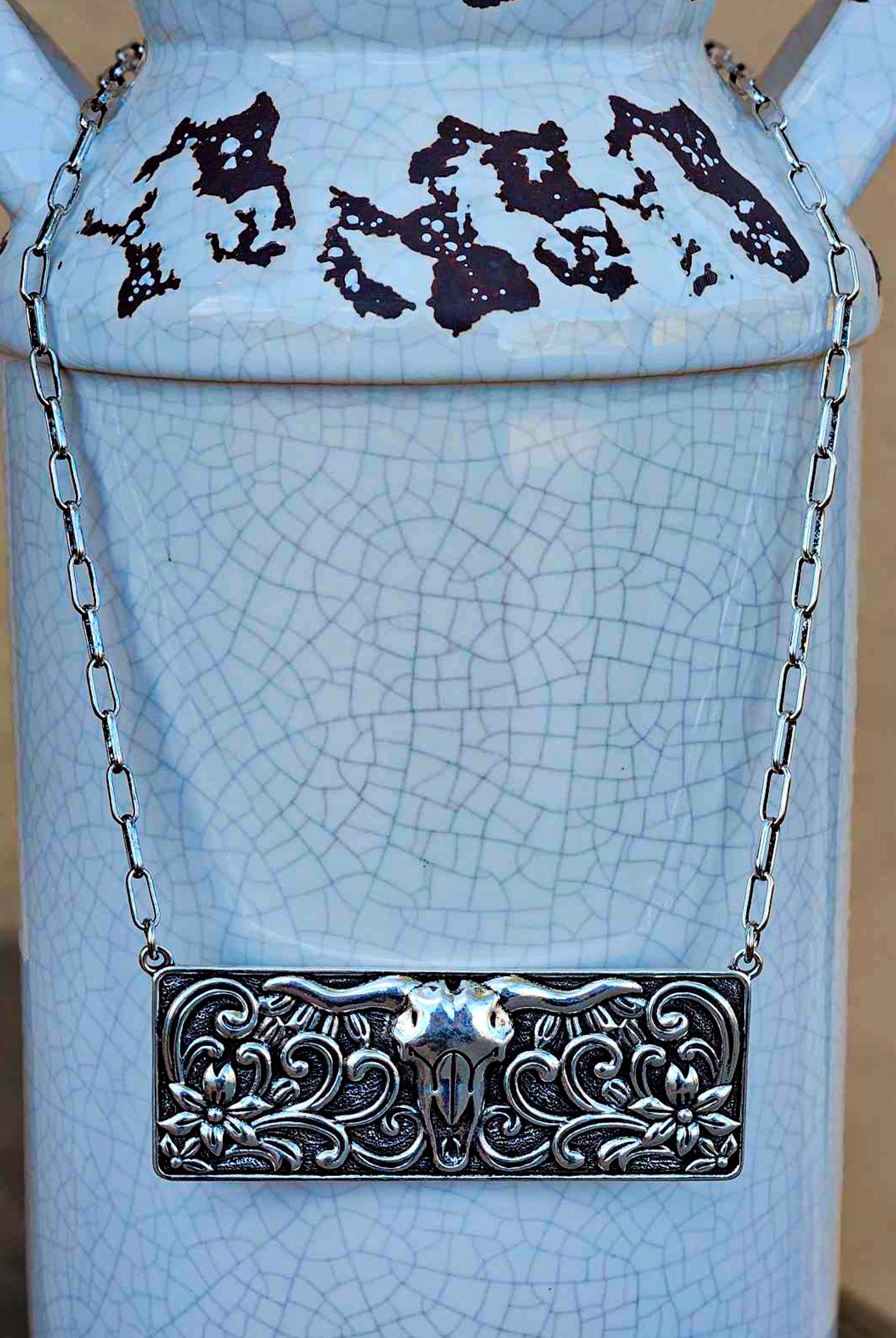 Steer Skull Metal Bar Necklace necklace Blue Tortoise