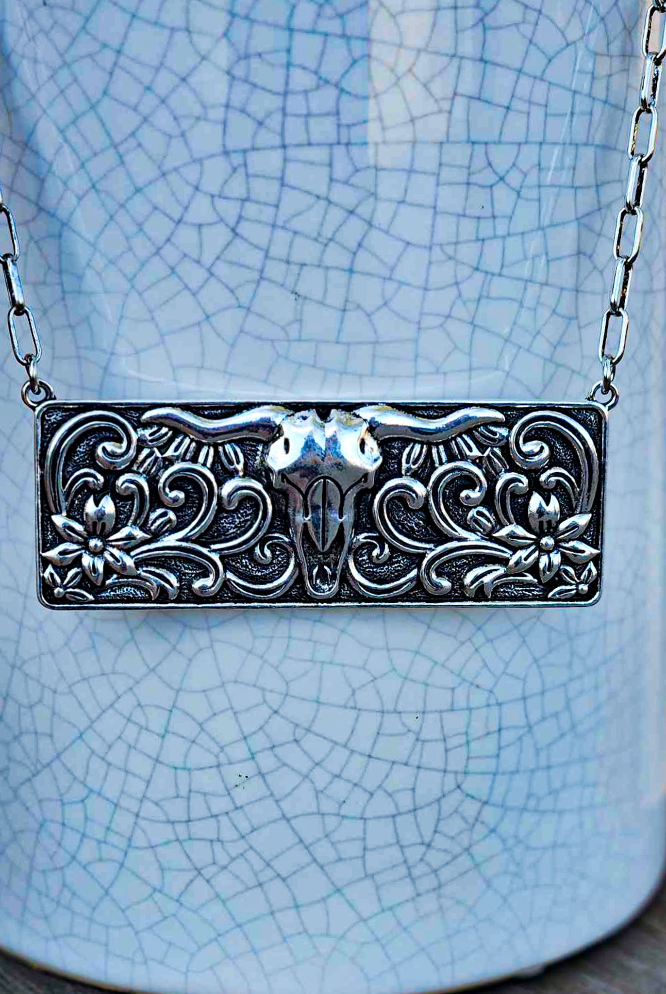 Steer Skull Metal Bar Necklace necklace Blue Tortoise