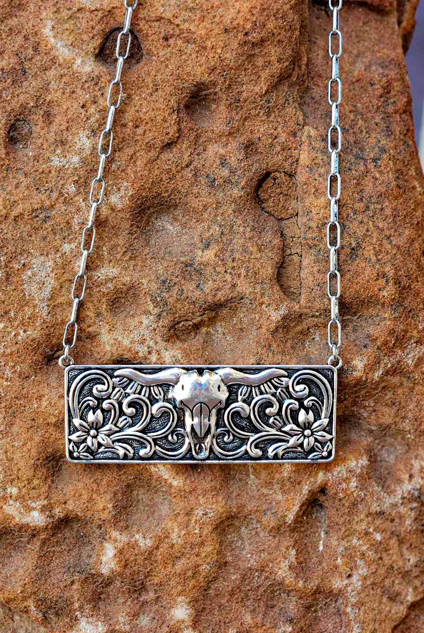 Steer Skull Metal Bar Necklace necklace Blue Tortoise