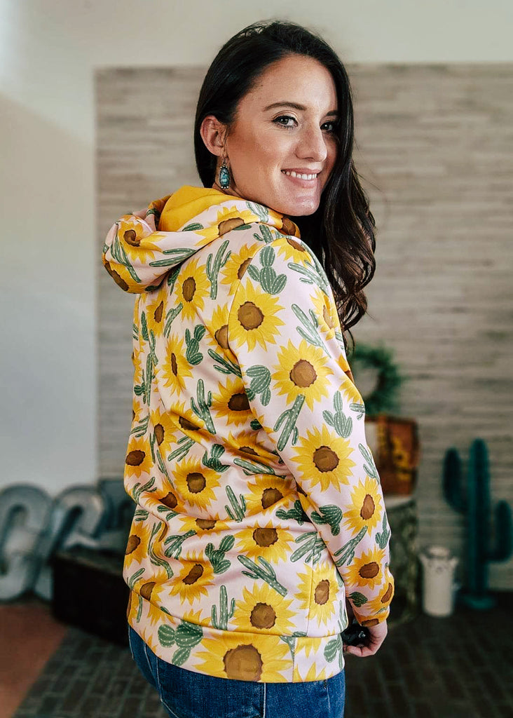 Yellow Sunflower & Cactus Hoodie Women's Pullover Hoodie With Drawstring The Cinchy Cowgirl (YC)   