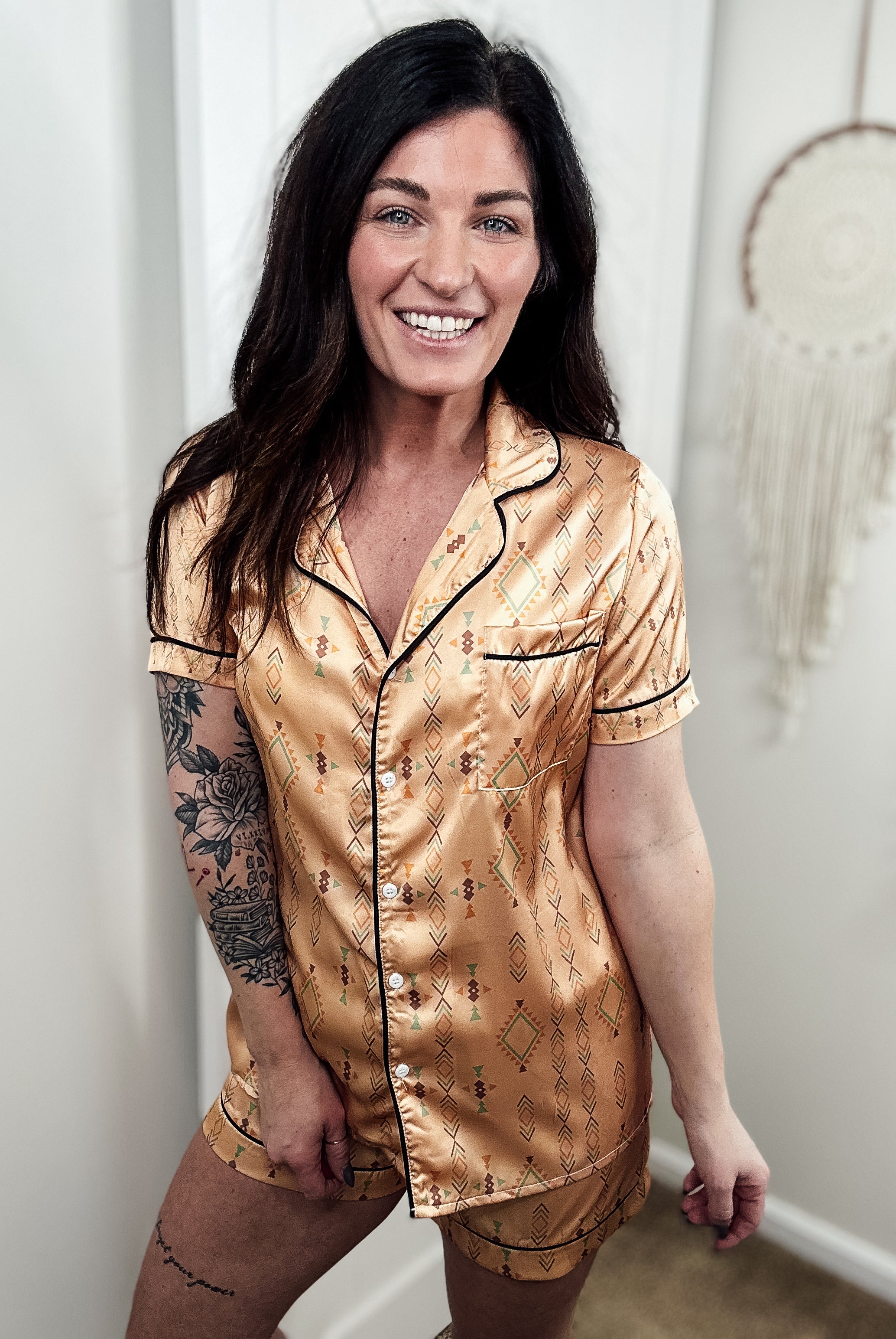 Tan Aztec Silky Shorts Pajamas silky pajamas - shorts The Cinchy Cowgirl (YC)