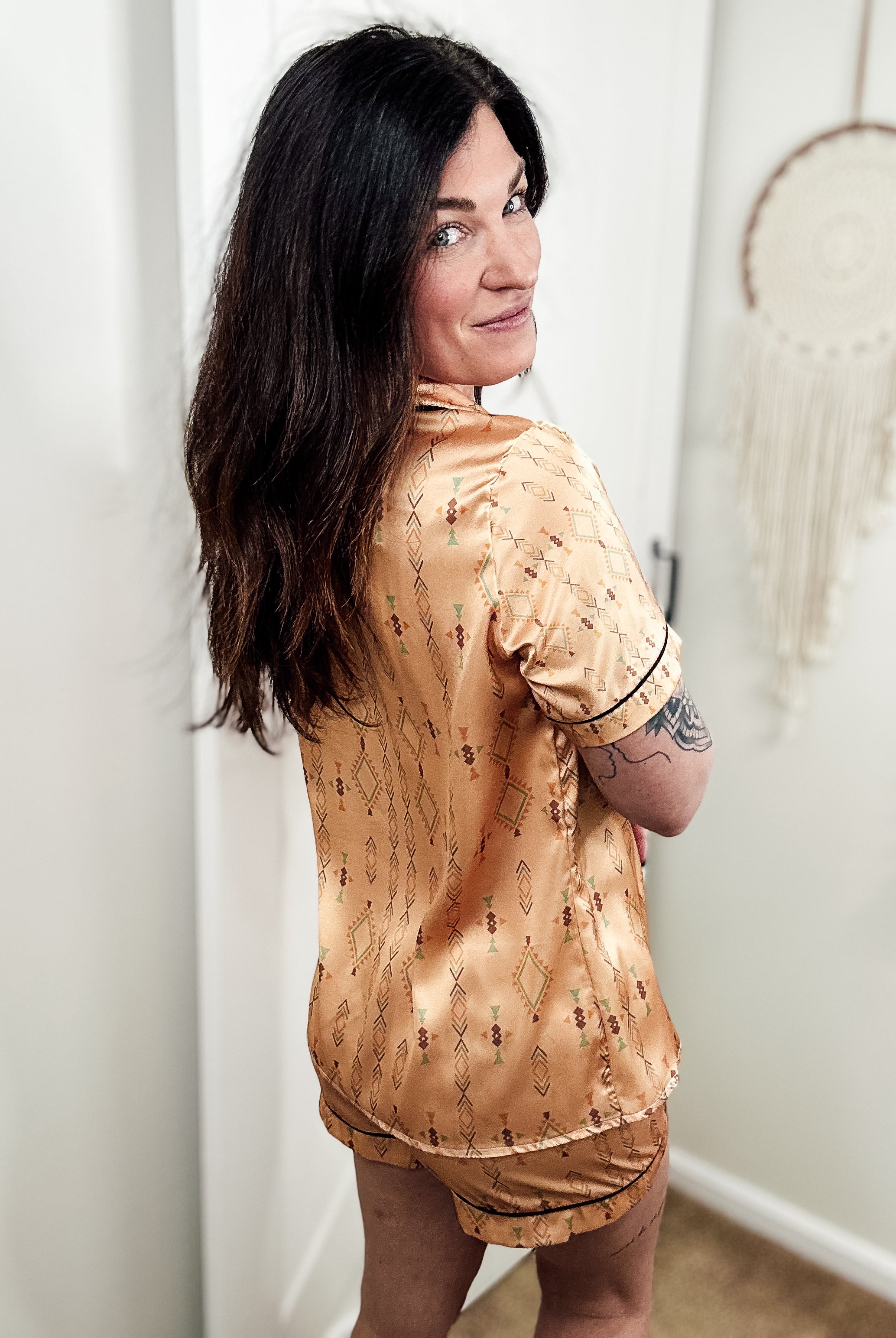 Tan Aztec Silky Shorts Pajamas silky pajamas - shorts The Cinchy Cowgirl (YC)