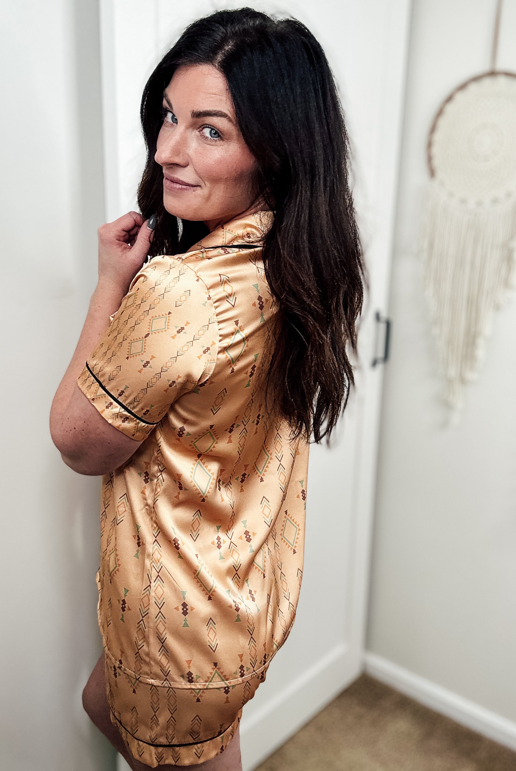 Tan Aztec Silky Shorts Pajamas silky pajamas - shorts The Cinchy Cowgirl (YC)