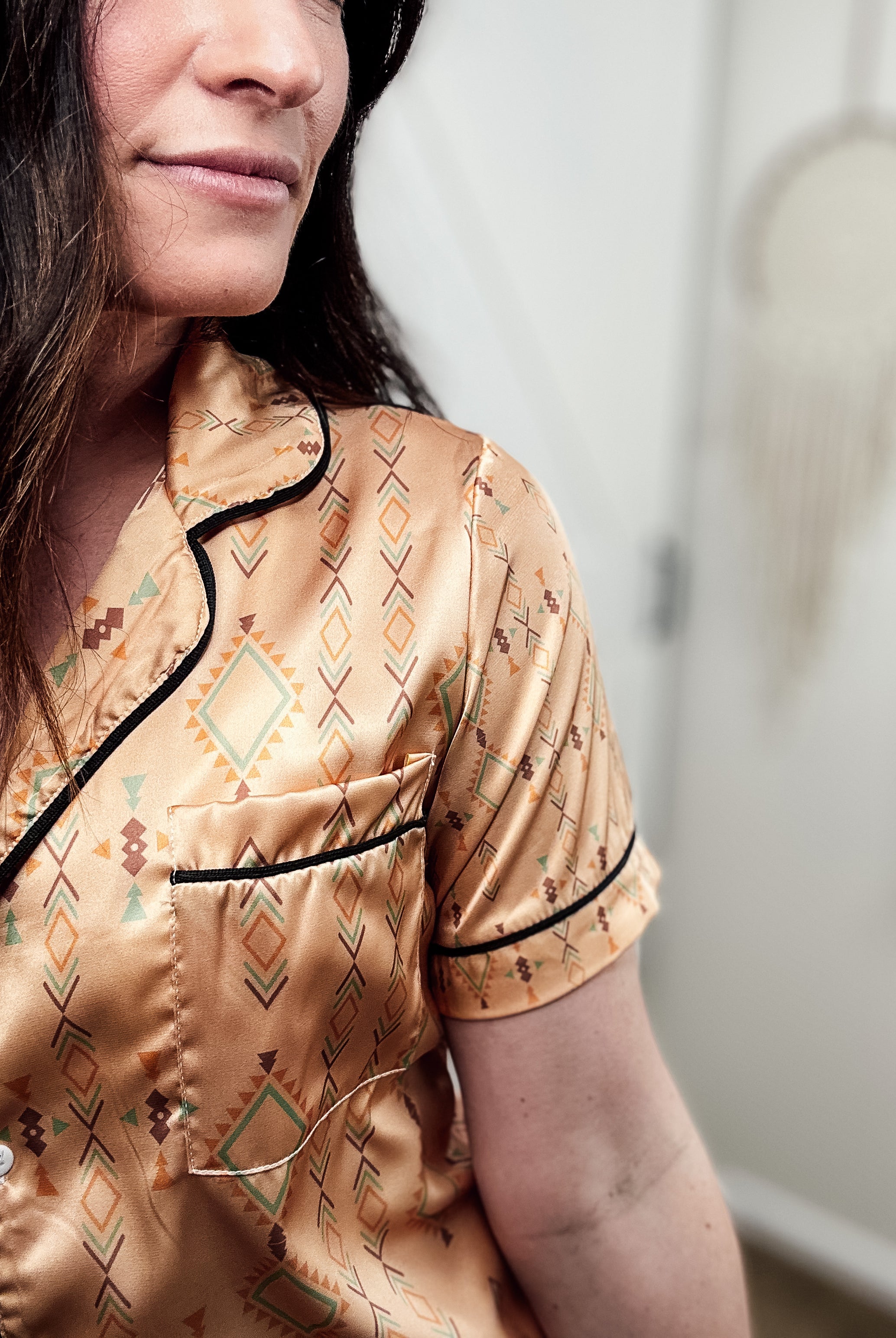 Tan Aztec Silky Shorts Pajamas silky pajamas - shorts The Cinchy Cowgirl (YC)