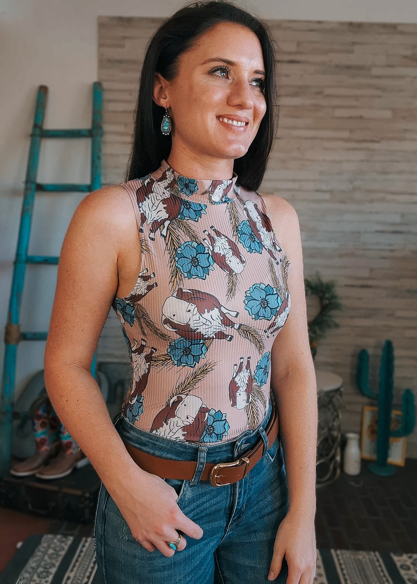 Taupe & Blue Hereford Bodysuit bodysuit The Cinchy Cowgirl (YC)