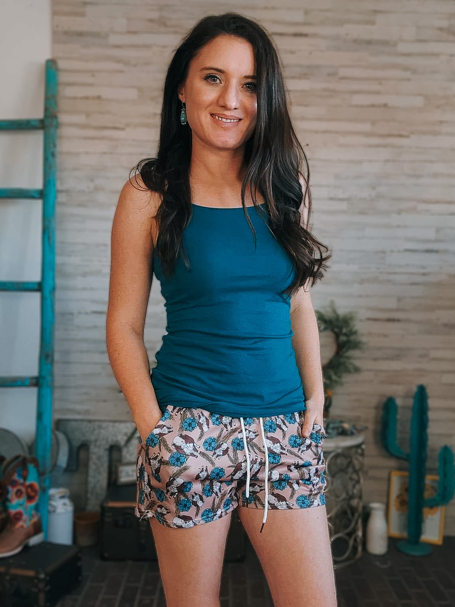 Taupe & Blue Hereford Drawstring Shorts The Cinchy Cowgirl (YC)