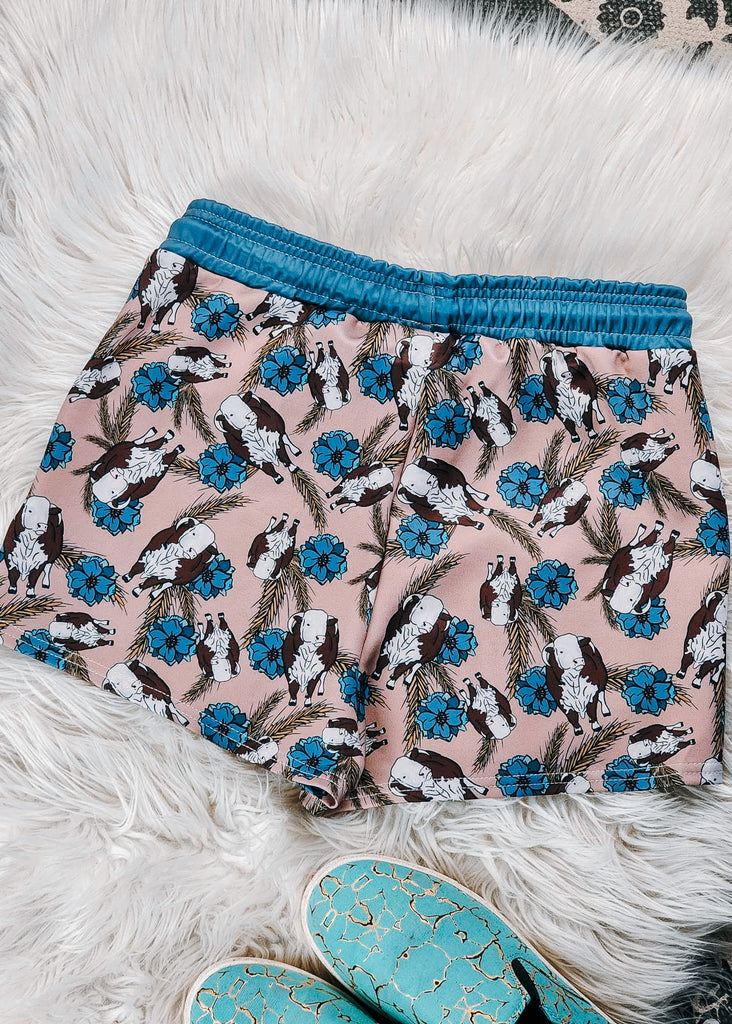 Taupe & Blue Hereford Drawstring Shorts  The Cinchy Cowgirl (YC)   